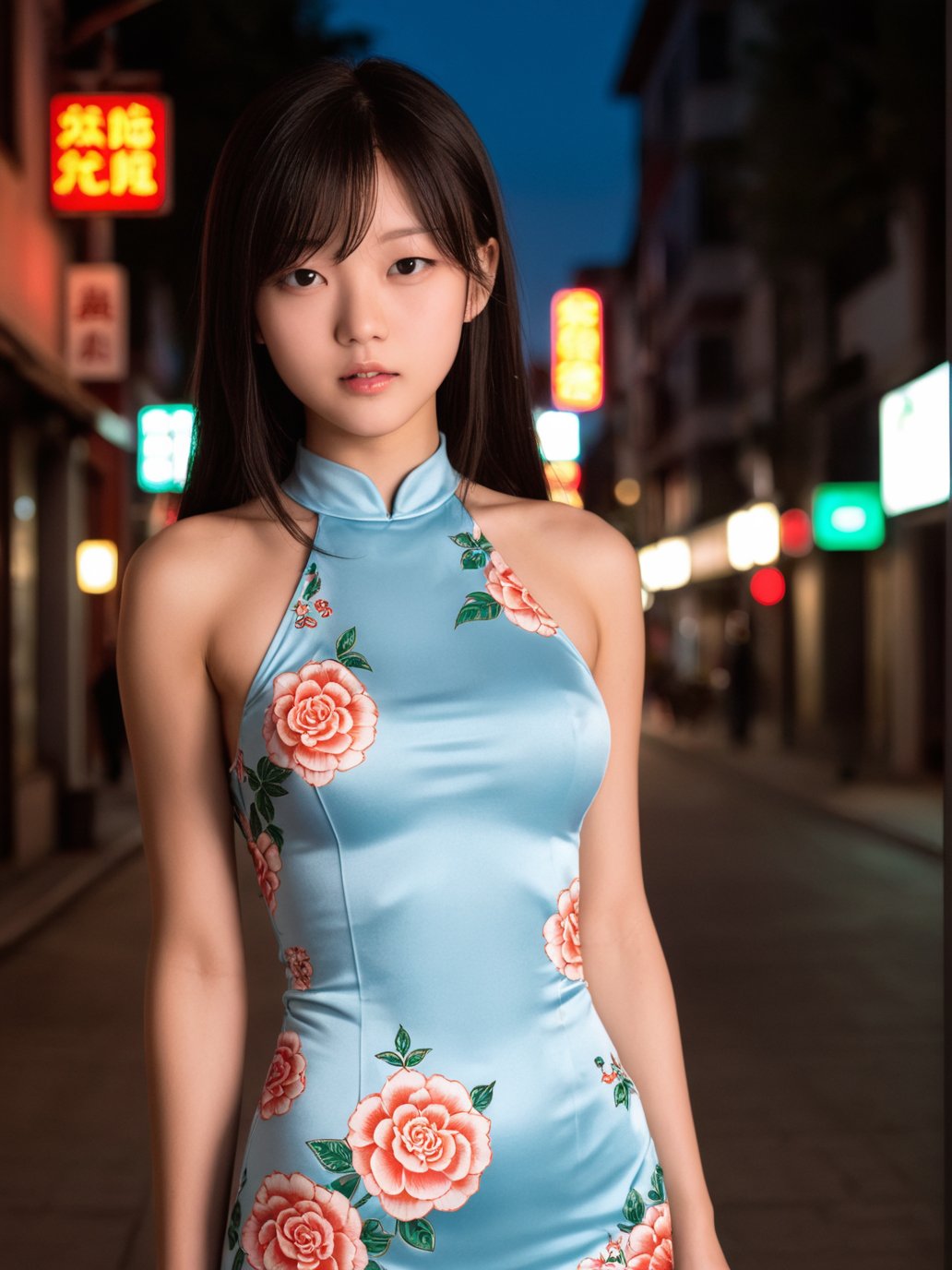 score_9,score_8_up,score_7_up,18 y.o chinese girl,Cinematic Lighting,narrow_waist,slender face,skinny,(street at night),with a focus on her face and upper body,prismatic colors,attractive breasts,print_cheongsam,<lora:XZX-SDXL:1>,