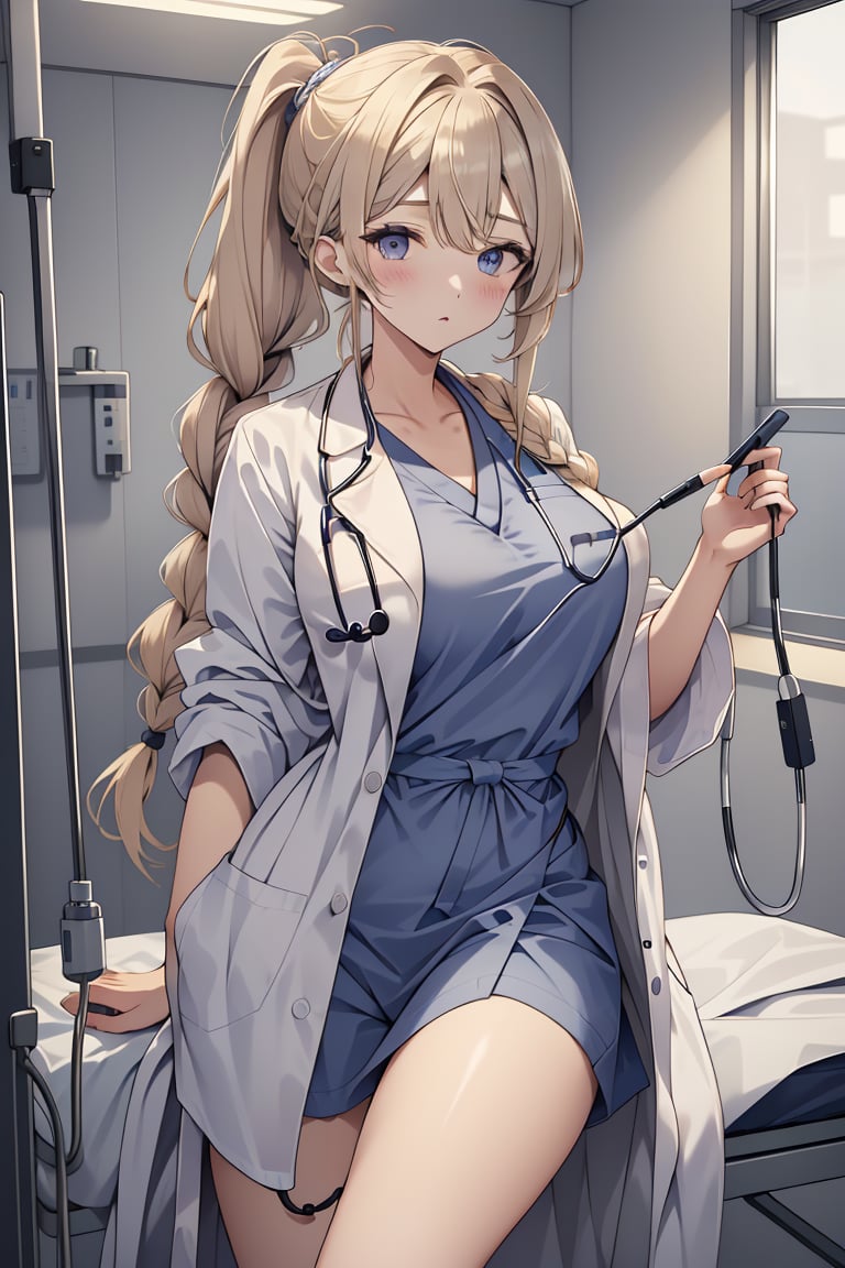 masterpiece, best quality,lower_body, operating table,medical monitors,hospital bed,  <lora:0- CL - Doctor Uniform V2:0.8> (doctor_uniform, labcoat, stethoscope, doctor,blue_uniform,blue_labcoat),  <lora: Mari Yuzuki:0.7> (mari yuzuki, 3dcg_15, 1girl, long_hair, bangs, blush, blonde_hair, large breasts, grey_eyes, single braid, very long hair, braided ponytail),