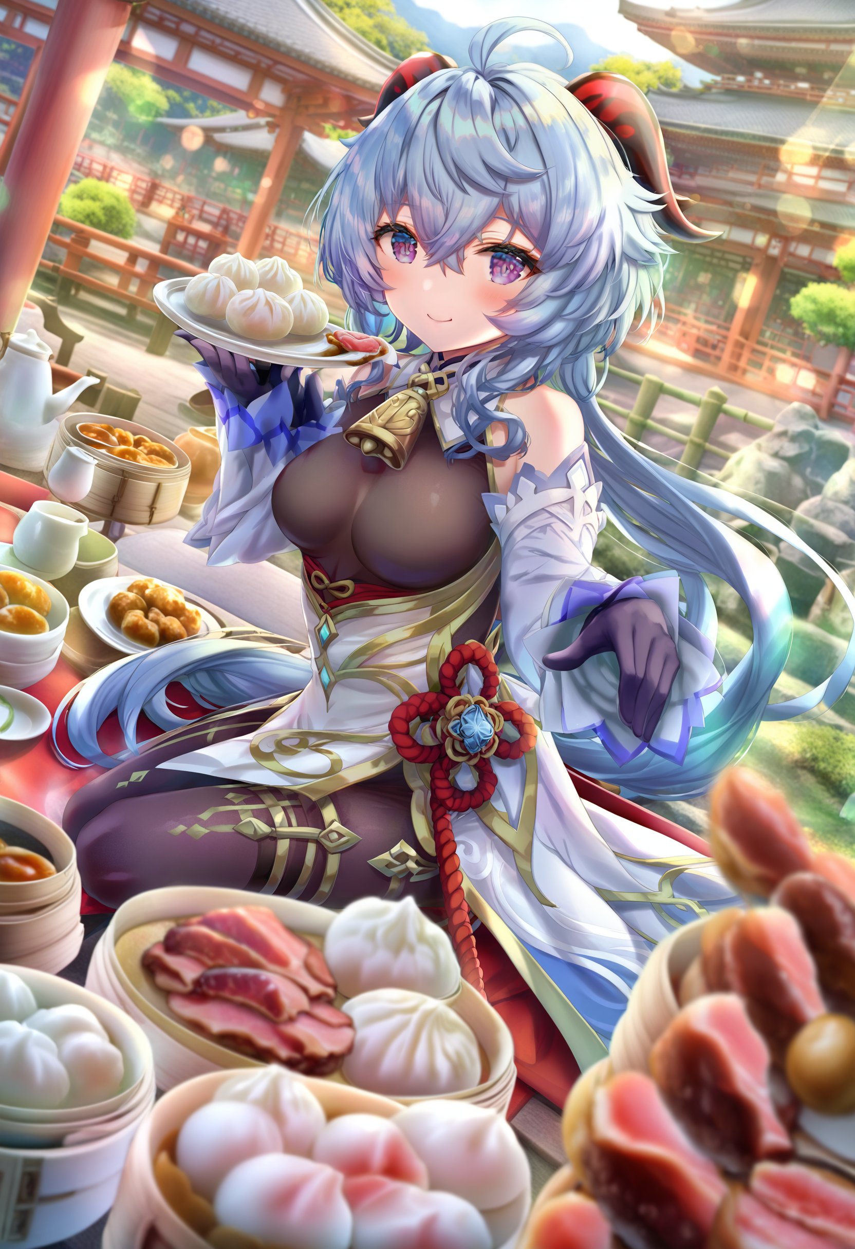 masterpiece, best quality,1girl, ganyu \(genshin impact\),  solo, horns, blue hair, breasts, food, long hair, looking at viewer, ahoge, gloves, detached sleeves, bell, baozi, purple eyes, bare shoulders, black gloves, medium breasts, vision \(genshin impact\), blush, white sleeves, gold trim, neck bell, smile, chinese knot, sitting, dumpling, sidelocks, flower knot, bodystocking, tassel, holding, bamboo steamer, east asian architecture, outdoors, hair flower, eating, low ponytail, long sleeves, rope, wide sleeves, lattice, bow, cup, pantyhose, black pantyhose, thighlet, baozi, hair ornament, flower, bacon, chicken \(food\), plate, light blue hair, fence, architecture, hair between eyes <lora:torinoXLlokr8f-000182:0.95>