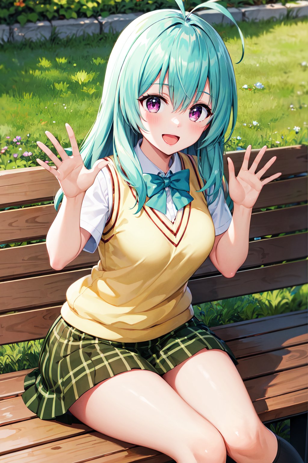 masterpiece, best quality, highres, aarej, solo, long hair, antenna hair, purple eyes, school uniform, green bowtie, white shirt, sweater vest, yellow vest, short sleeves, plaid skirt, green skirt,  <lora:run_elsie_jewelria_v1:0.7>, outdoors, sitting, bench, smile, open mouth, waving