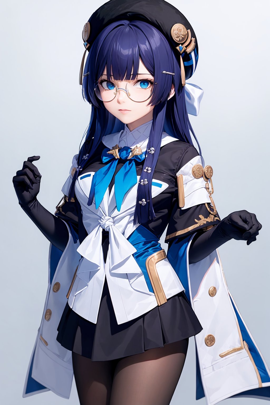 masterpiece, best quality, <lora:pela:1>,pela (honkai: star rail),1girl, solo,beret,long hair,blue hair,sidelocks,hair ornament,hairclip,under_rim eyewear,blue eyes,black gloves,bow,white shirt,jacket,ribbon,black skirt,black pantyhose,grey background, cowboy shot, 