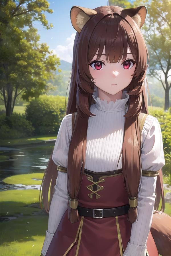 raphtalia, <lora:raphtalia-lora-nochekaiser:1>,raphtalia, animal ears, brown hair, long hair, raccoon ears, raccoon girl, raccoon tail, (red eyes:1.5), tail,BREAK arm garter, belt, brown belt, brown dress, dress, juliet sleeves, long sleeves, puffy sleeves, short dress,BREAK looking at viewer,BREAK outdoors, forest, nature, sun, sky, (cowboy shot:1.5),BREAK <lyco:GoodHands-beta2:1>, (masterpiece:1.2), best quality, high resolution, unity 8k wallpaper, (illustration:0.8), (beautiful detailed eyes:1.6), extremely detailed face, perfect lighting, extremely detailed CG, (perfect hands, perfect anatomy),