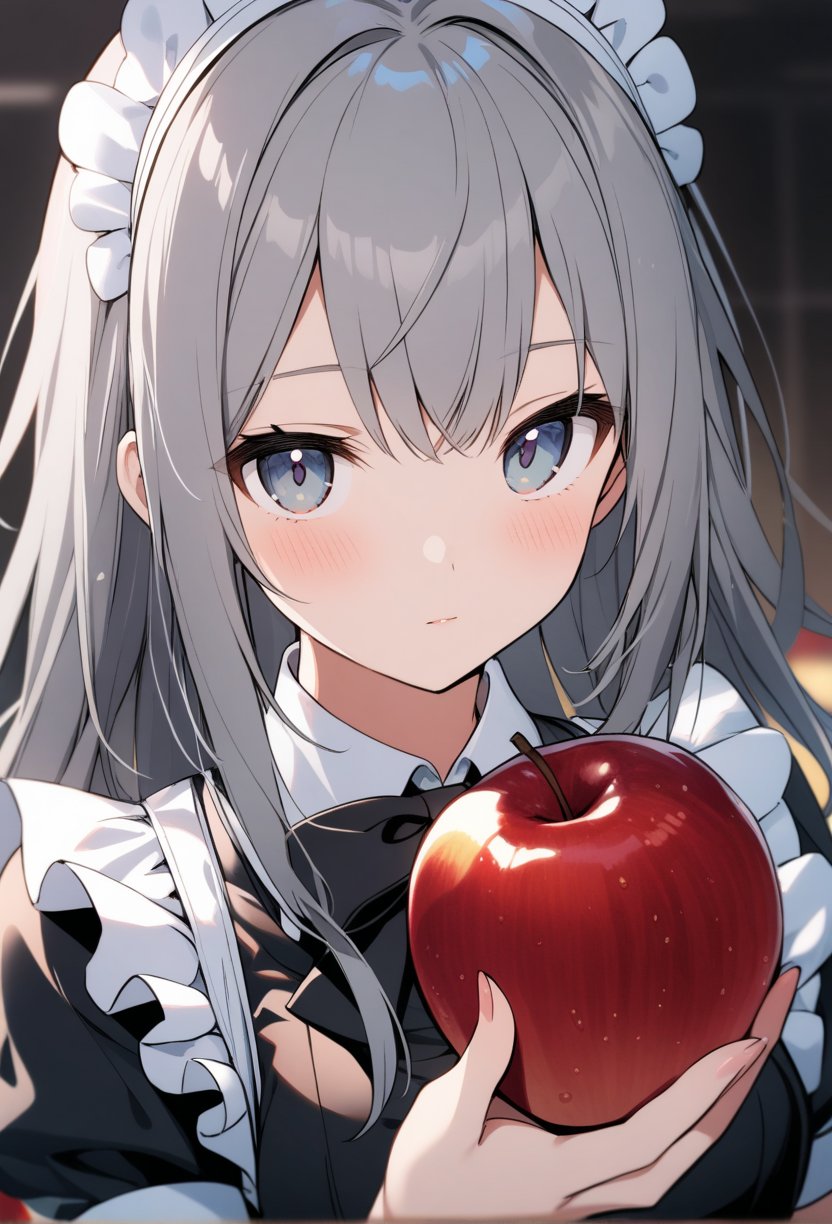 1girl, solo, Grey hair, long hair, maid's outfit, close-up of face, looking at viewer, holding apple in hand,highly detailed, best quality, absurdres,