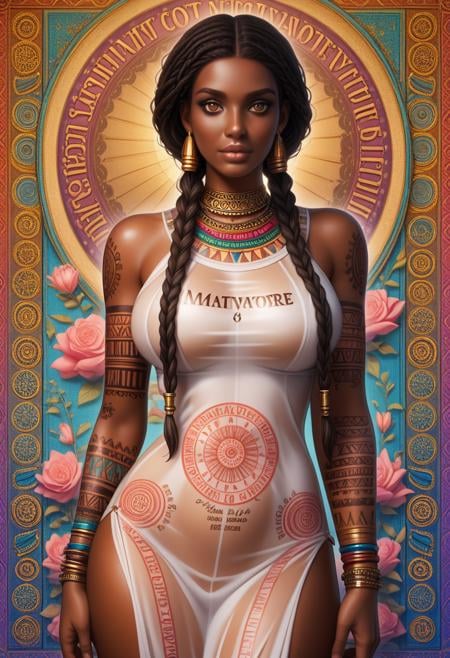 1girl,african girl,dark-skinned,long braids,body covered in words,words on body,tattoos of words on body,(masterpiece,best quality),large breasts,(intricate details),unity 8k wallpaper,ultra detailed,(pastel colors),beautiful and aesthetic,see-through (clothes),detailed,solo,look at viewer,