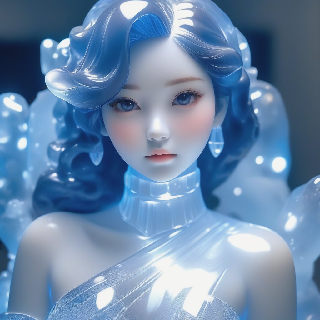 (a statue of a girl carved from ice, the body is completely transparent:1.6),(glowing fluorescent effect),sexy Korean idol face,wavy hair,from below,(upper thighs shot),