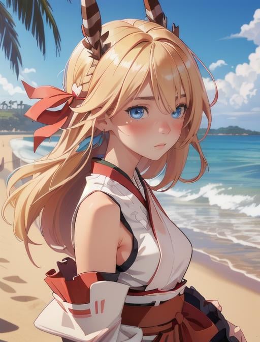 best quality, masterpiece, highres, detailed, digital artwork, <lora:Detail - add_detail:0.2>, MinervaVG, blue eyes, blonde hair, nontraditional miko, upper body, blush, looking to the side,  <lora:Character - MinervaVG:0.8>, beach, shy, 