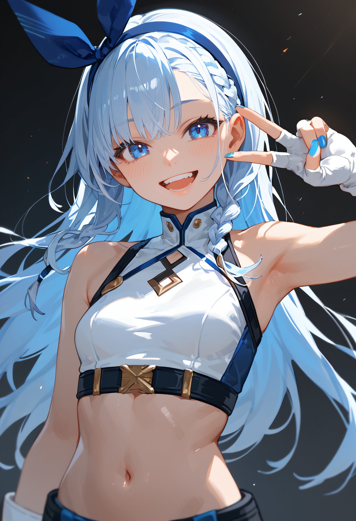 score_9, score_8_up, score_7_up, BREAK 1girl, solo, fingerless gloves, gloves, hairband, navel, blue hair, white hair, v, braid, smile, nail polish, looking at viewer, blue nails, open mouth, armpits, breasts, hairband, blush, small breasts, upper body, long hair, bangs, white gloves, teeth, midriff, bare shoulders