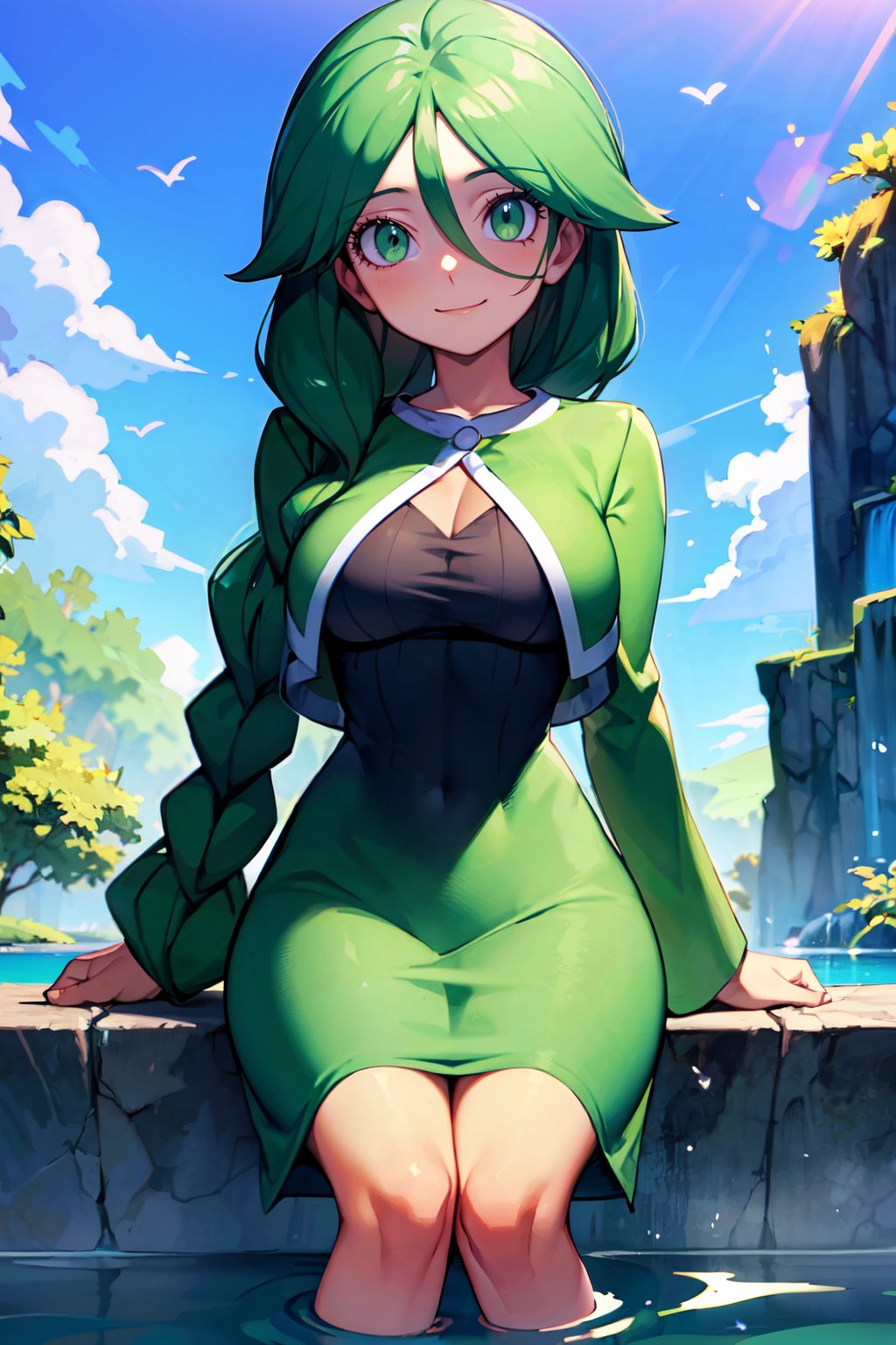 ((masterpiece,best quality)), absurdres,   <lora:Cheryl_Pokemon:0.7>,  cheryl (pokemon), green eyes, single braid, hair over shoulder,  green jacket, long dress,  sitting, water, waterfall, partially submerged,   smile, looking at viewer,   <lora:Bold_CAT:0.5>,