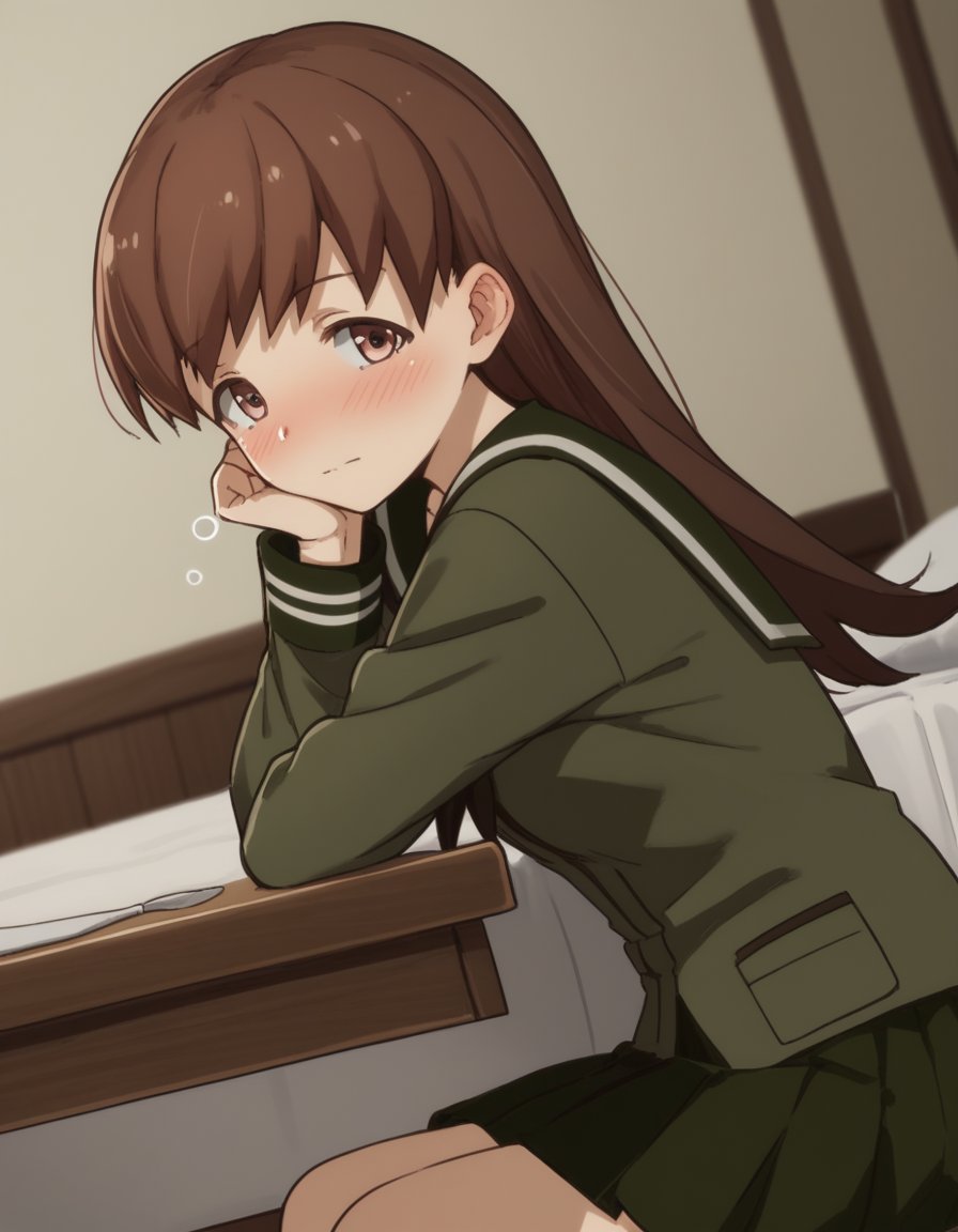 score_9, score_8_up, score_7_up, source_anime, <lora:kacolle-ooi-s1-ponyxl-lora-nochekaiser:1>, ooi, long hair, brown hair, brown eyes, ooi (kancolle), skirt, school uniform, pleated skirt, serafuku,, indoors, bed, bed room, on side, blush, drunk,, , looking at viewer, sitting, elbow rest, table,, solo,, cowboy shot, dutch angle