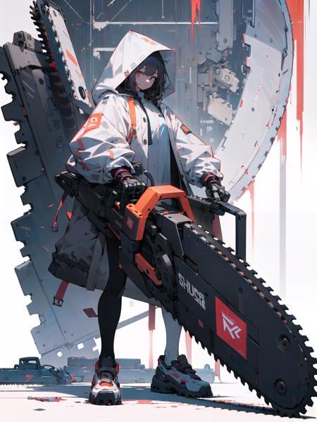 absurdres, highres, ultra detailed,1girl,oversized hooded jacket,full body,holding mechanical chainsaw, <lora:weapon_v01:0.7>