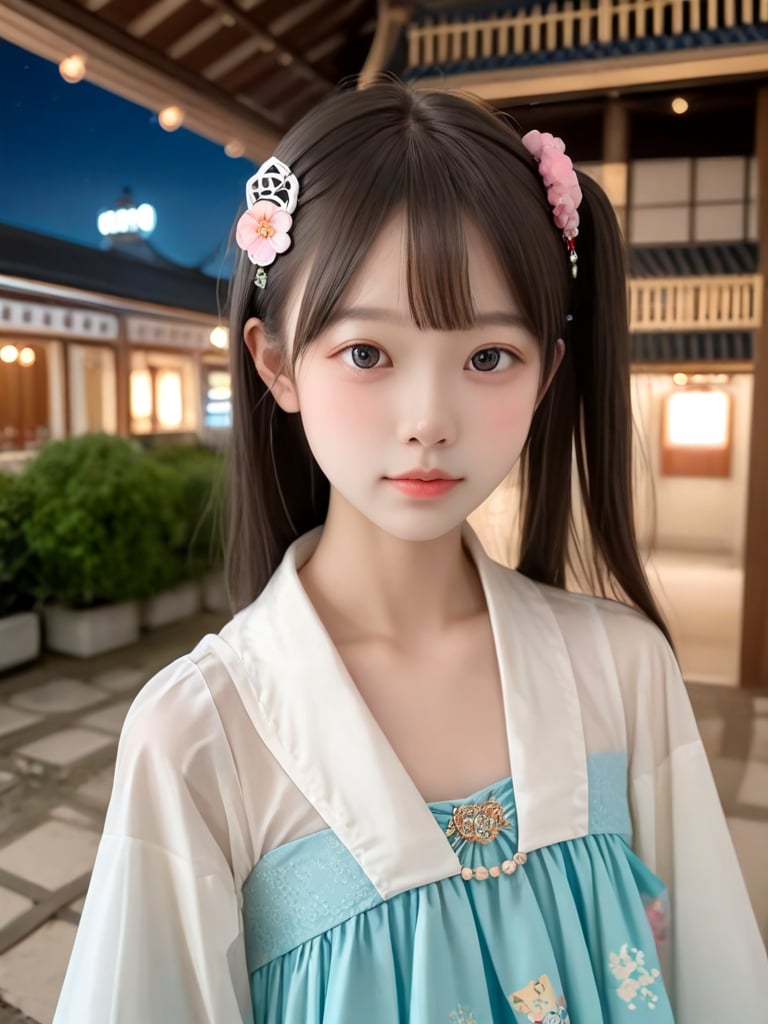 ((score_9, realistic)), ((face focus)), ((fair skin)), ((skinny)), 1girl, one side up, hair ornament, idol, jpop, kpop, belle, pretty, petite, kawaii, chiffon hanfu, wide sleeves, indoors, ancinet chinese architecture, night, backyard, <lora:ADetailerNetidolFace_pony:0.5>,