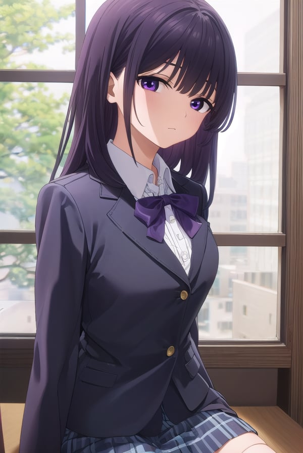 rionashijou, <lora:riona shijou s1-lora-nochekaiser:1>,riona shijou, bangs, purple hair, (purple eyes:1.1), medium hair,BREAK skirt, long sleeves, school uniform, jacket, socks, black skirt, two side up, black jacket, kneehighs, blazer, black socks, bow, bowtie, stripped, stripped bowtie,BREAK indoors, classroom,BREAK looking at viewer, (cowboy shot:1.5),BREAK <lyco:GoodHands-beta2:1>, (masterpiece:1.2), best quality, high resolution, unity 8k wallpaper, (illustration:0.8), (beautiful detailed eyes:1.6), extremely detailed face, perfect lighting, extremely detailed CG, (perfect hands, perfect anatomy),