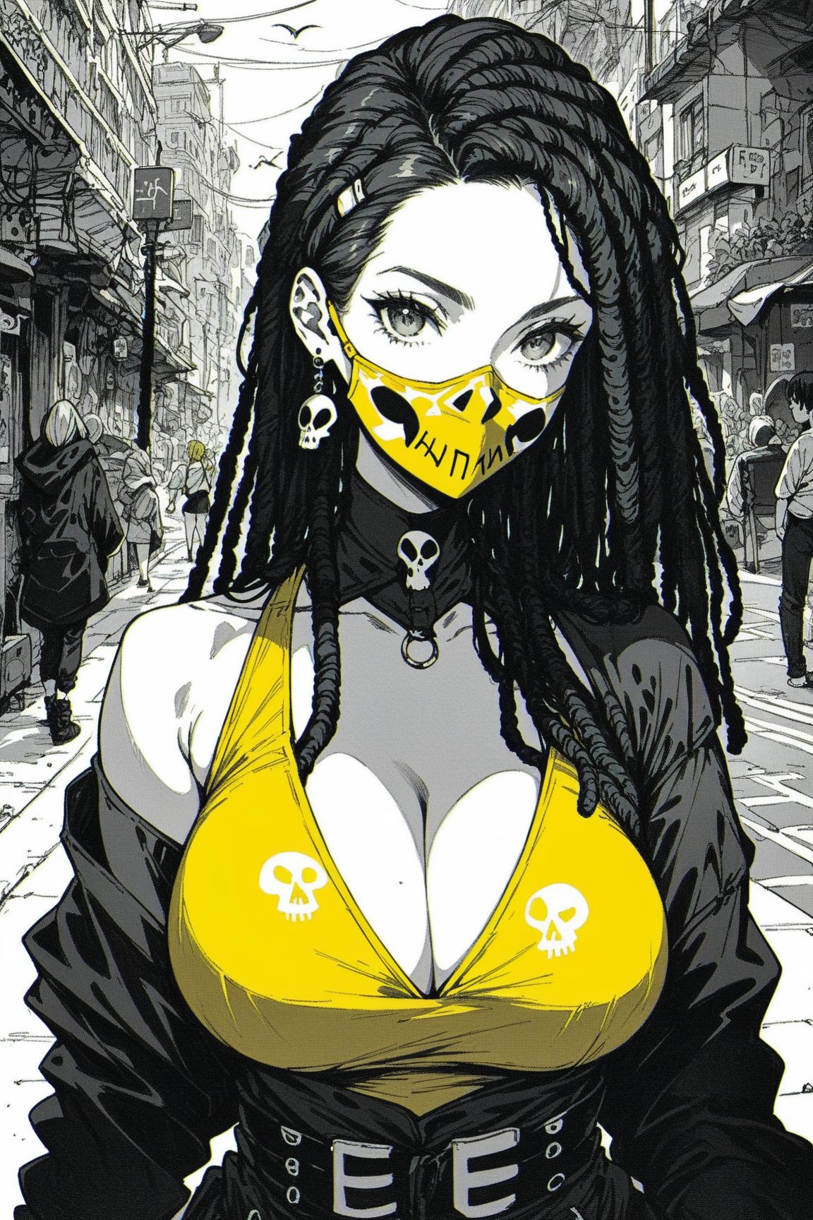 score_9, score_8_up, score_7_up, 1girl, pale skin, wearing bird_skull mask, fullface mask, dynamic pose, gorgeous, long dreadlocks, ebony, yellow hair, posing, 25 years old, huge breasts, cleavage, squeezed cleavage, yellow oversized loose shirt with straps and belts, long sleeves, off-shoulder, adventurer clothes, upper_body, street, night, looking_at_viewer, xenotr1p, monochrome, colored, selective yellow color<lora:EMS-362512-EMS:0.800000>