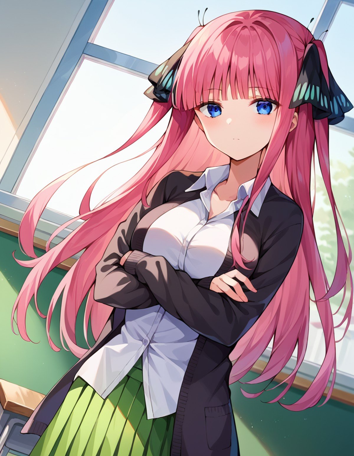 score_9, score_8_up, score_7_up, source_anime,ninonakano, <lora:nino-nakano-pruned-ponyxl-lora-nochekaiser:1>,nino nakano, long hair, bangs, blue eyes, hair ornament, hair ribbon, pink hair, blunt bangs, two side up, butterfly hair ornament, mature female,skirt, shirt, long sleeves, white shirt, pleated skirt, open clothes, collared shirt, sleeves past wrists, dress shirt, cardigan, green skirt, open cardigan, black cardigan, crossed arms,indoors, classroom,looking at viewer, cowboy shot, dutch angle,