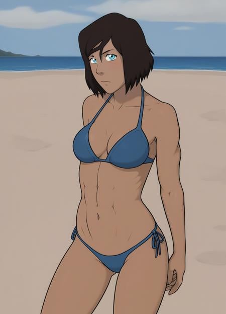 score_9, score_8_up, score_7_up,1girl,korraXL,brown hair,blue eyes,short hair,detailed face,masterpiece,best quality, dark-skinned, wearing a bikini, <lora:korraXL:1>  beach