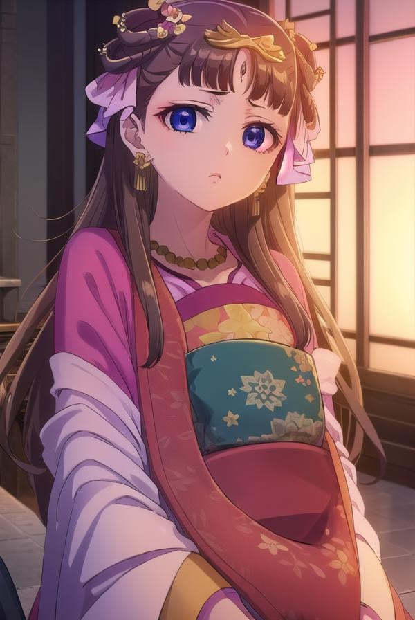 lishu, <lora:lishu s1-lora-nochekaiser:1>,lishu, long hair, brown hair, hair ornament, (purple eyes:1.1), tiara,BREAK jewelry, earrings, necklace, chinese clothes, hanfu,BREAK indoors,BREAK looking at viewer, (cowboy shot:1.5),BREAK <lyco:GoodHands-beta2:1>, (masterpiece:1.2), best quality, high resolution, unity 8k wallpaper, (illustration:0.8), (beautiful detailed eyes:1.6), extremely detailed face, perfect lighting, extremely detailed CG, (perfect hands, perfect anatomy),