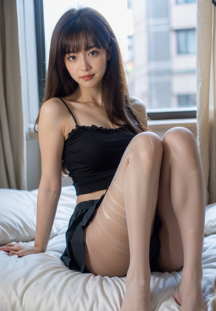 1girl, solo, pantyhose, skirt, torn pantyhose, torn clothes, long hair, brown hair, breasts, indoors, looking at viewer, smile, sitting, pleated skirt, black skirt, window, parted lips, brown eyes, realistic, lips, camisole, bare shoulders, large breasts, on bed, bed, crop top, brown pantyhose, <lora:破损--黑丝真实感:0.8>