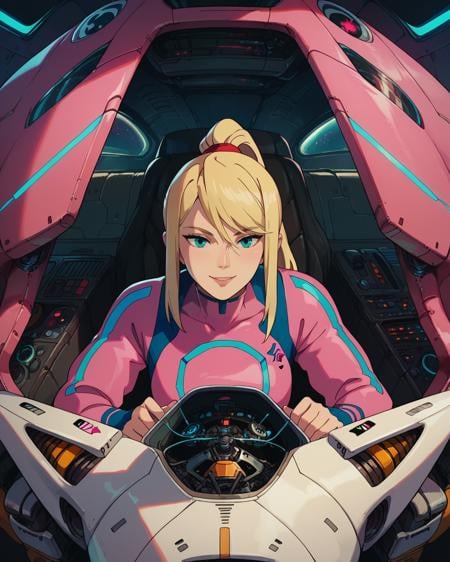 score_9, score_8_up, score_7_up, source_anime, zPDXL, Ghiblistyle, 1girl, solo, looking at viewer, smile, long hair, blonde hair, Samus Aran, cockpit, spaceship cockpit<lora:Ghibli_style_PDXL:1>