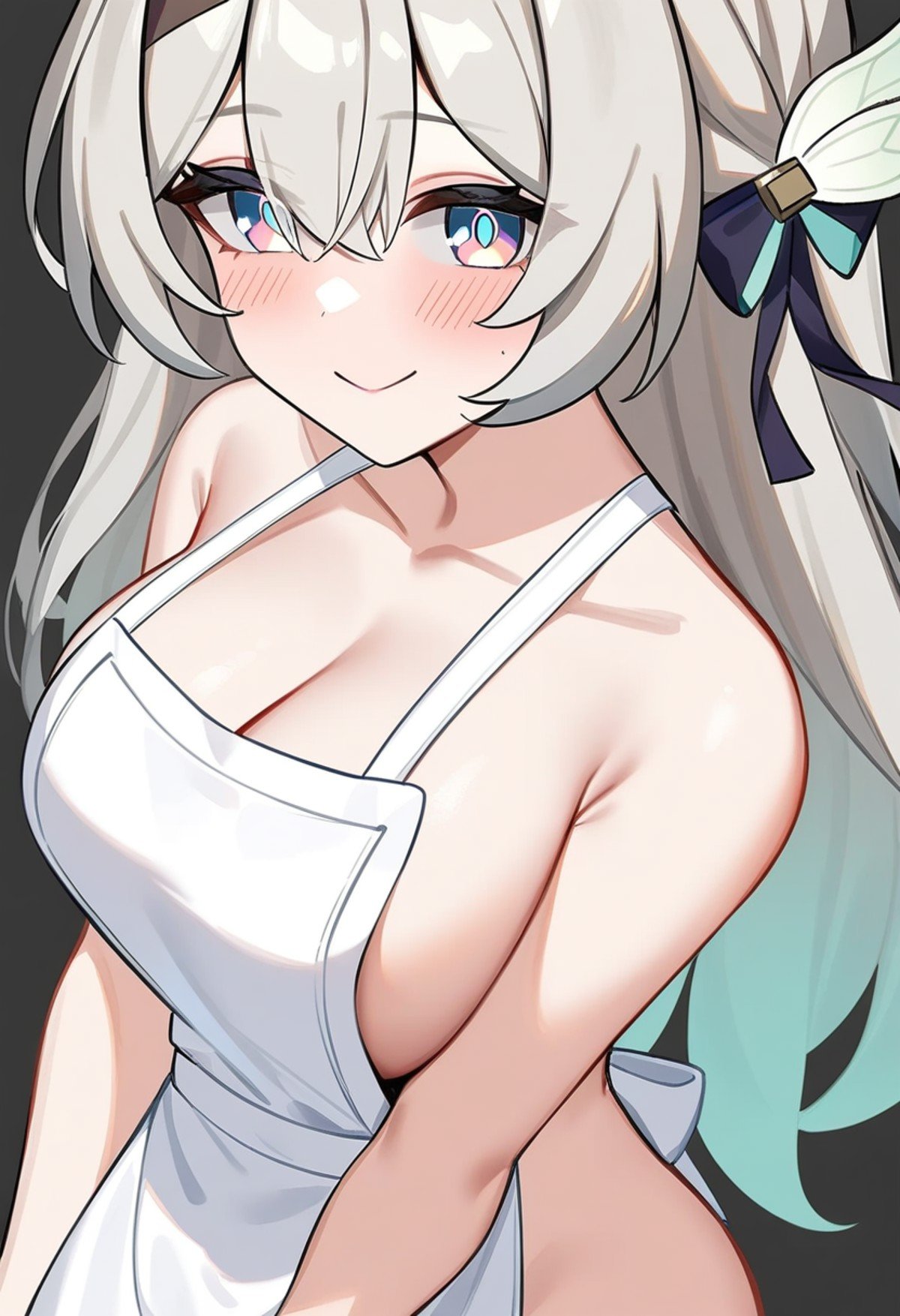 <lora:firefly_V3:1>,smile,looking_at_viewer,highres,solo,black_background,firefly_\(honkai:_star_rail\),upper_body,:p,blush,1girl,naked_apron,simple_background,bare_shoulders,white_apron,large_breasts,white_background,