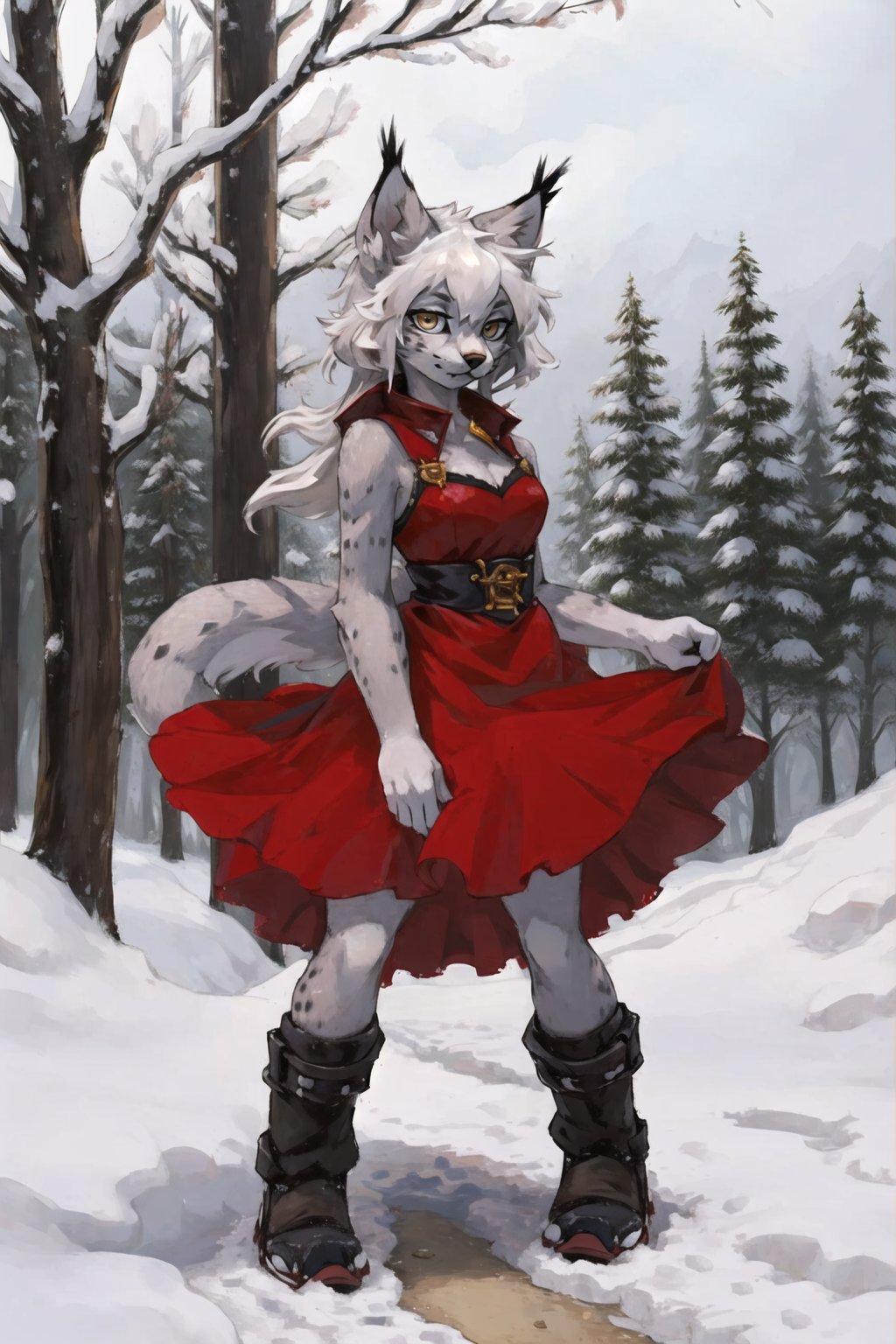 masterpiece, best quality,canadalynx, lynx, shanmao, sheli,looking at viewer, furry girl,white hair,long hair,red dress,snow,outdoors<lora:Lynx:0.5>