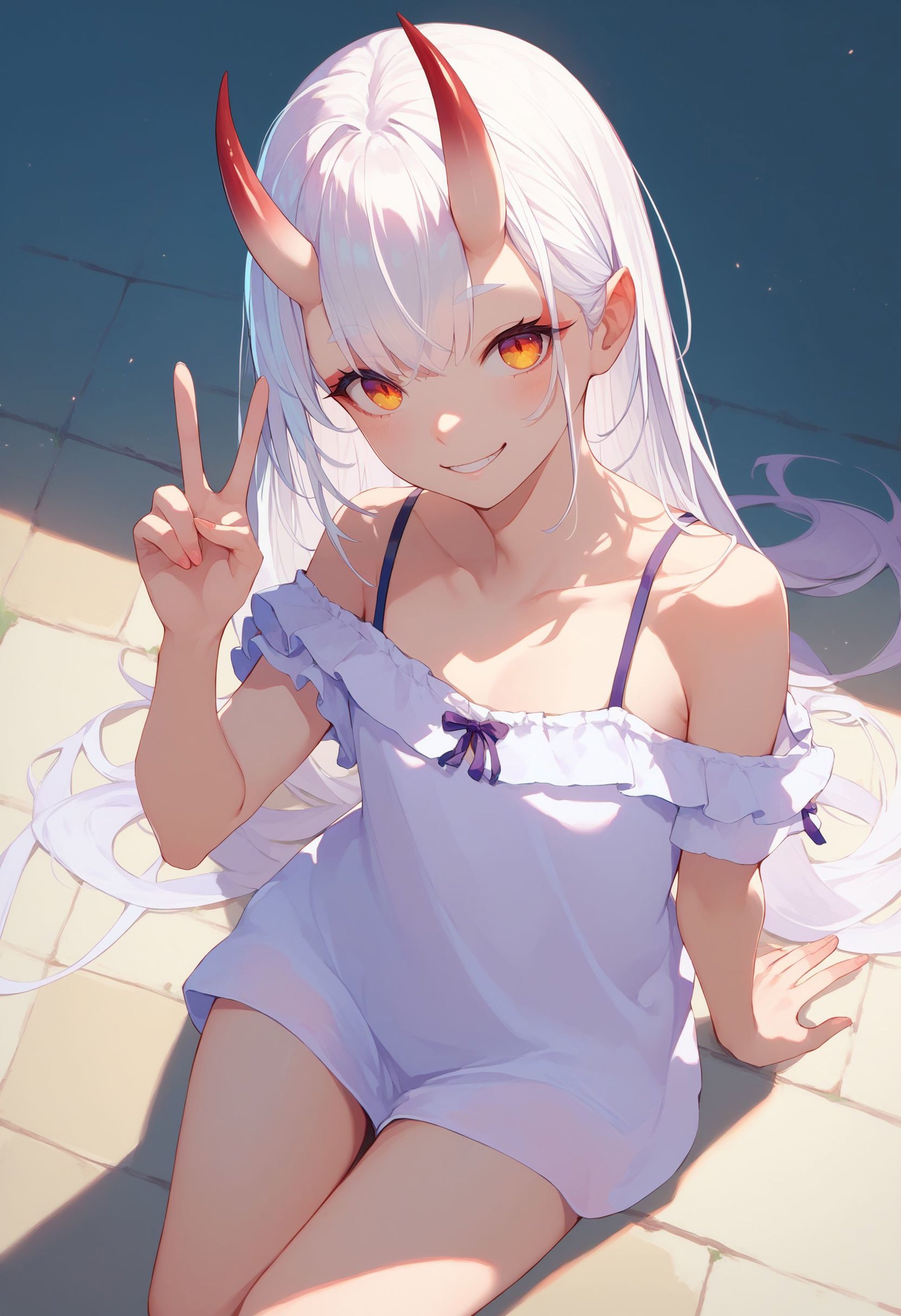 score_9, score_8_up, score_7_up, score_6_up, source anime,oni girl, skin-covered horns, white hair, off shoulder, camisole, from above, v, smile  , masterpeice, best quality, very aesthetic, absurdres