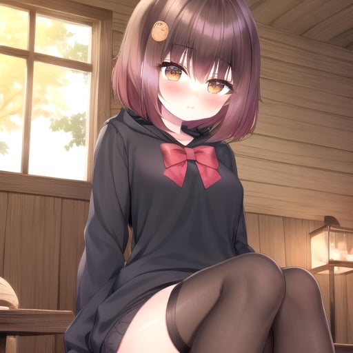 <lora:Papitas2d:1> short hair, brown hair, brown eyes, scenery, indoors, looking at viewer, large sweater, black sweater, hood,  blush, large thighhighs, black thighhighs, red bow, bowtie,  hair decorations, small breasts, 