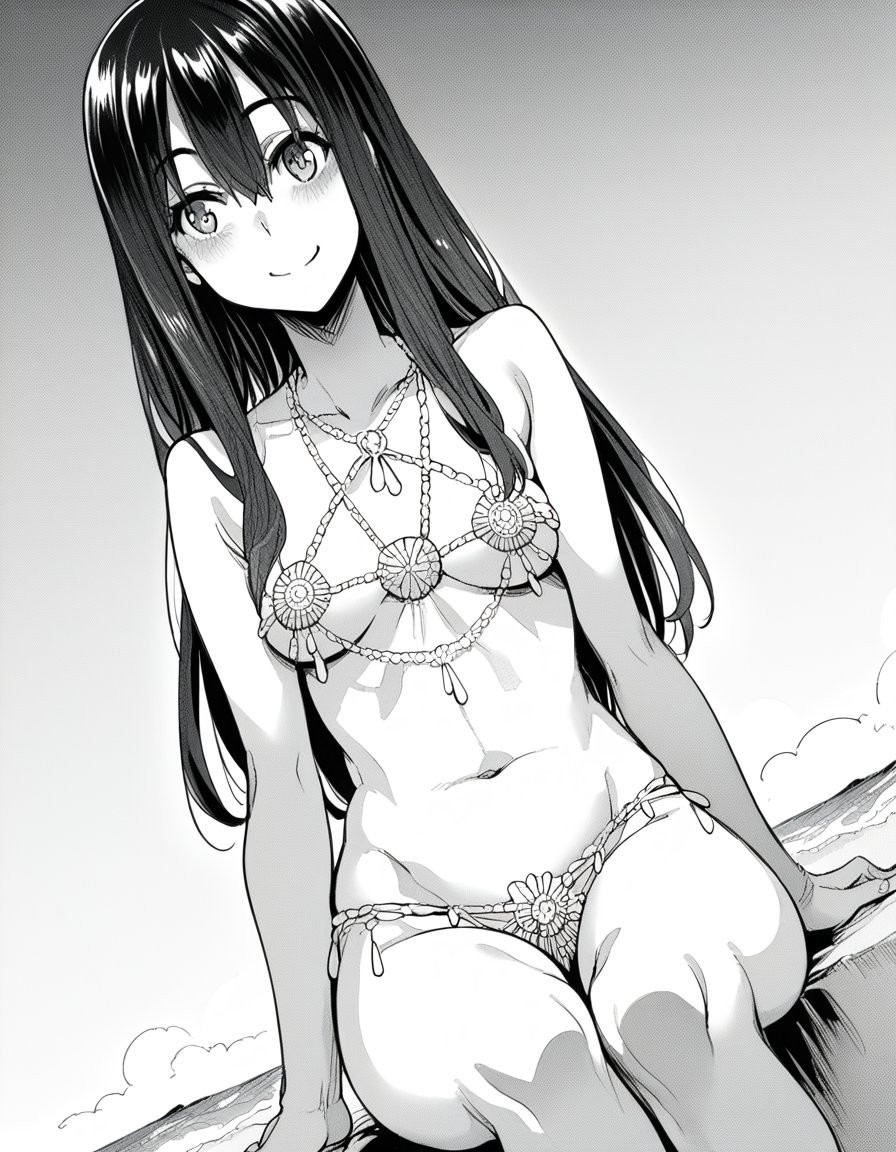 score_9, score_8_up, score_7_up, source_anime, sakiyoshida, <lora:saki-yoshida-manga-ponyxl-lora-nochekaiser:1>, saki yoshida, long hair, hair between eyes, monochrome, greyscale, black hair,, <lora:venus-bikini-ponyxl-lora-nochekaiser:1>, venus bikini, fortune bikini, naked jewelry, navel,, beach, sitting, smile, blush,, cowboy shot, dutch angle,