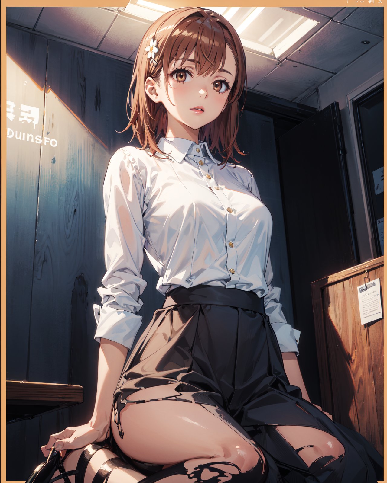 <lora:Misaka-000001:0.8>,Misaka CYQL,1girl,looking at viewer,solo,brown hair,short hair,hair ornament,hairclip,flower,hair flower,brown eyes,(Structured_blouse:1.5),(Tailored_culottes:1.4),(Chunky_heel_mules:1.3),(Office_meeting_room_background:1.4),(seductive_smile:1.2),beautiful face,beautiful eyes,glossy skin,shiny skin,(upper_body,from_below,seiza:1.2),arms behind back,Grapevines, Tuscan villa, Vineyard rows, Springtime blooms, Tuscan landscape, Rustic charm,beautiful detailed sky,beautiful detailed glow,(English text:1.3),(border:1.5),posing in front of a colorful and dynamic background,(masterpiece, best quality, beautiful and aesthetic:1.3),contrapposto,female focus,fine fabric emphasis,wallpaper,fashion,Lipstick,depth of field,intricate_detail,finely_detailed,fine_fabric_emphasis,(glossy),<lora:增强减少细节add_detail:0.4>,