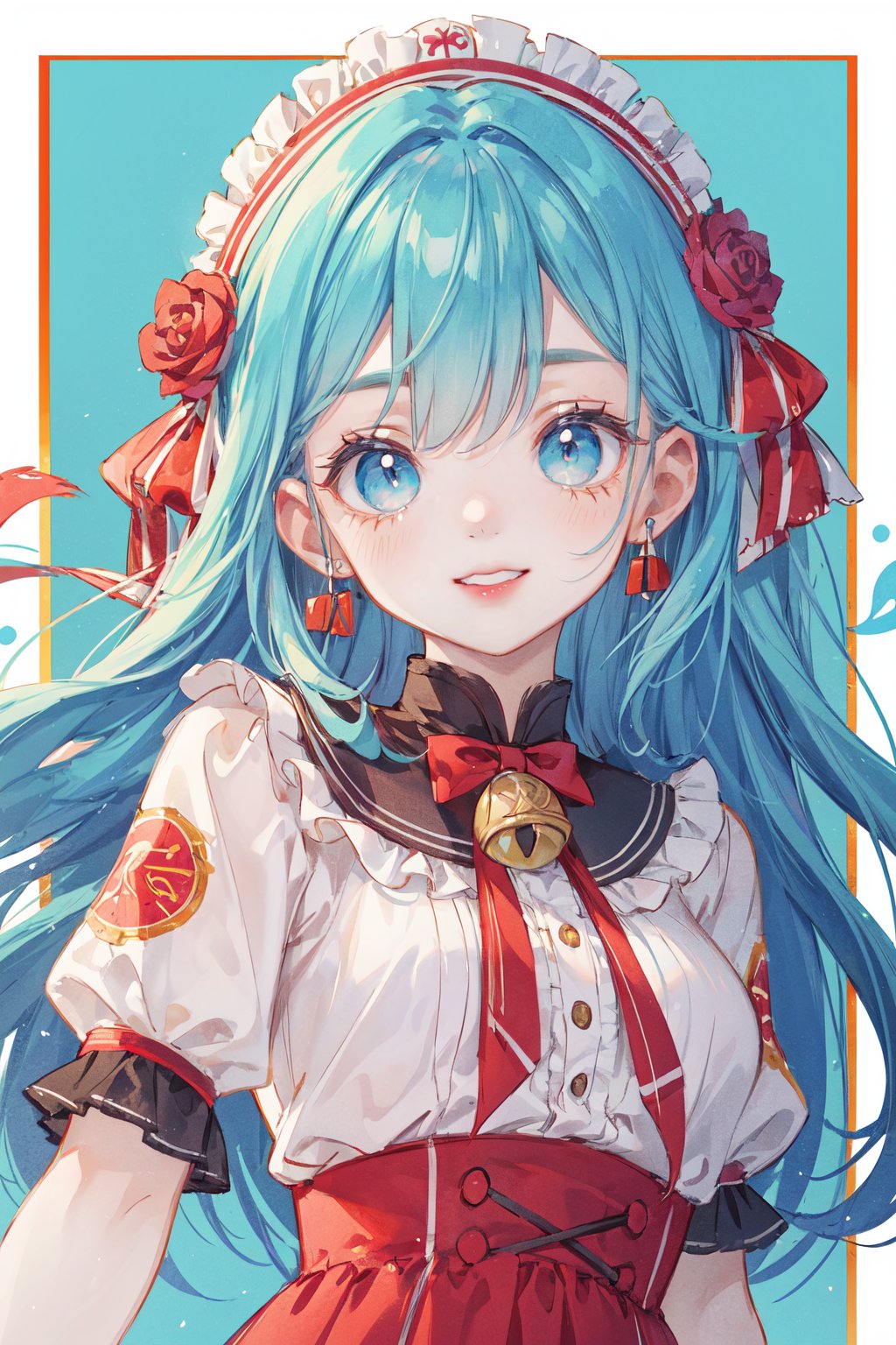 (bust:1.3),(from_below:1.2),(depth of field:1.1),1girl,looking at viewer,textured layers hair,paleturquoise hair,kind_smile,makeup,lipstick,bell,whip marks,A-line skirt, blouse, and pumps,orangered background,(border:1.7),beautiful face,beautiful eyes,glossy skin,best quality,masterpiece,ultra-detailed,illustration,absurdres,<lora:LightLine:0.5>,<lora:增强减少细节add_detail:0.3>,<lora:jy:0.5>,