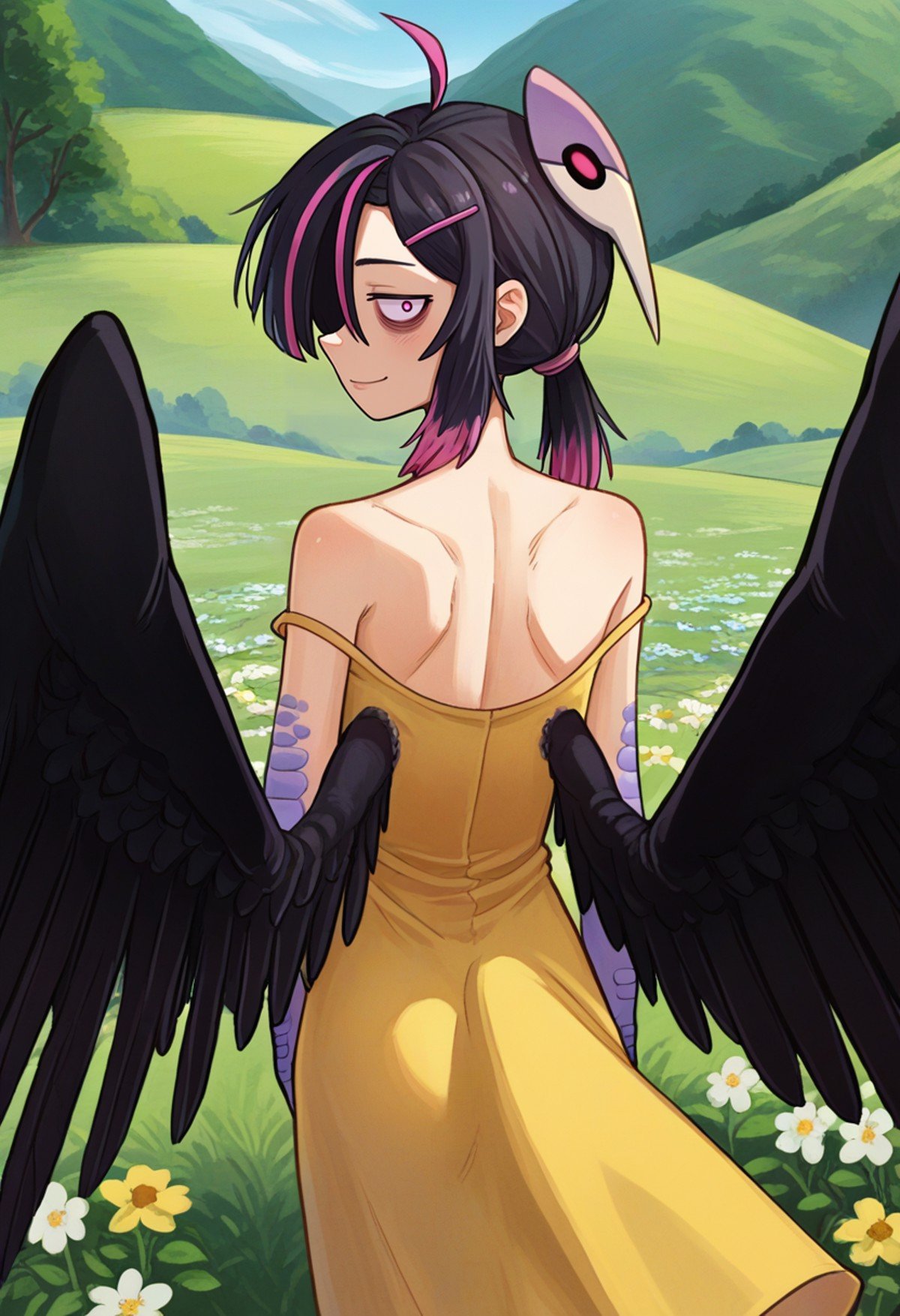score_9, score_8_up, score_7_up, source_anime, from behind, solo, 1girl, omava, monster girl, harpy, black wings, feathered wings, winged arms, slight smile, looking back, ahoge, hairclip, mask on head, bags under eyes, yellow sundress, bare shoulders, outdoors, flower field <lora:orcmassage_ava_ponyXL:1>