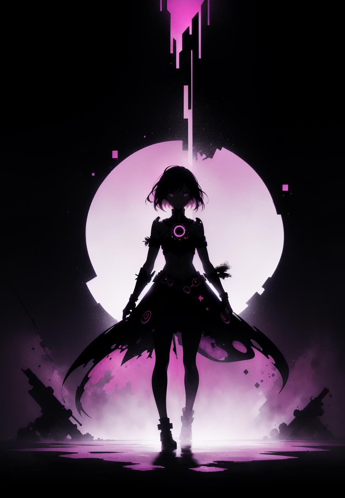 (silhouette:1.25), 1girl, dark background, blacklight, mid shot, full body, somber expression, looking down, dark energy, vibrant magenta, portal to another world, flat color, flat shading, ultra realistic, highres, superb, 8k wallpaper, extremely detailed, intricate, limited palette, pink