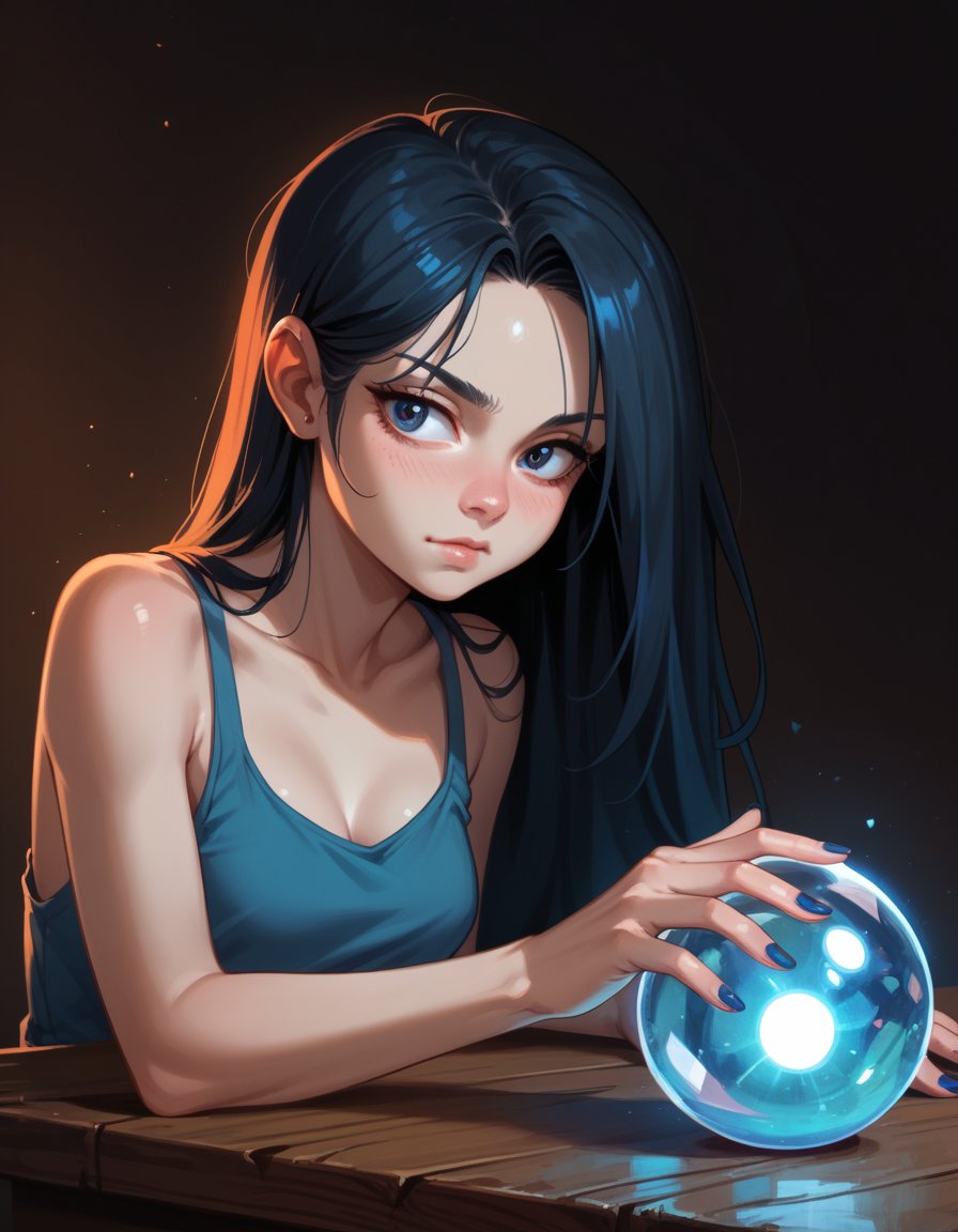 score_9, score_8_up, score_7_up, score_6_up, score_5_up, score_4_up, 1girl, marceline_abadeer, hud_cryst4l_b4ll, glowing, crystal ball, orb, upper body, table, nail polish, <lora:hud_cryst4l_b4ll_XLP:0.6>