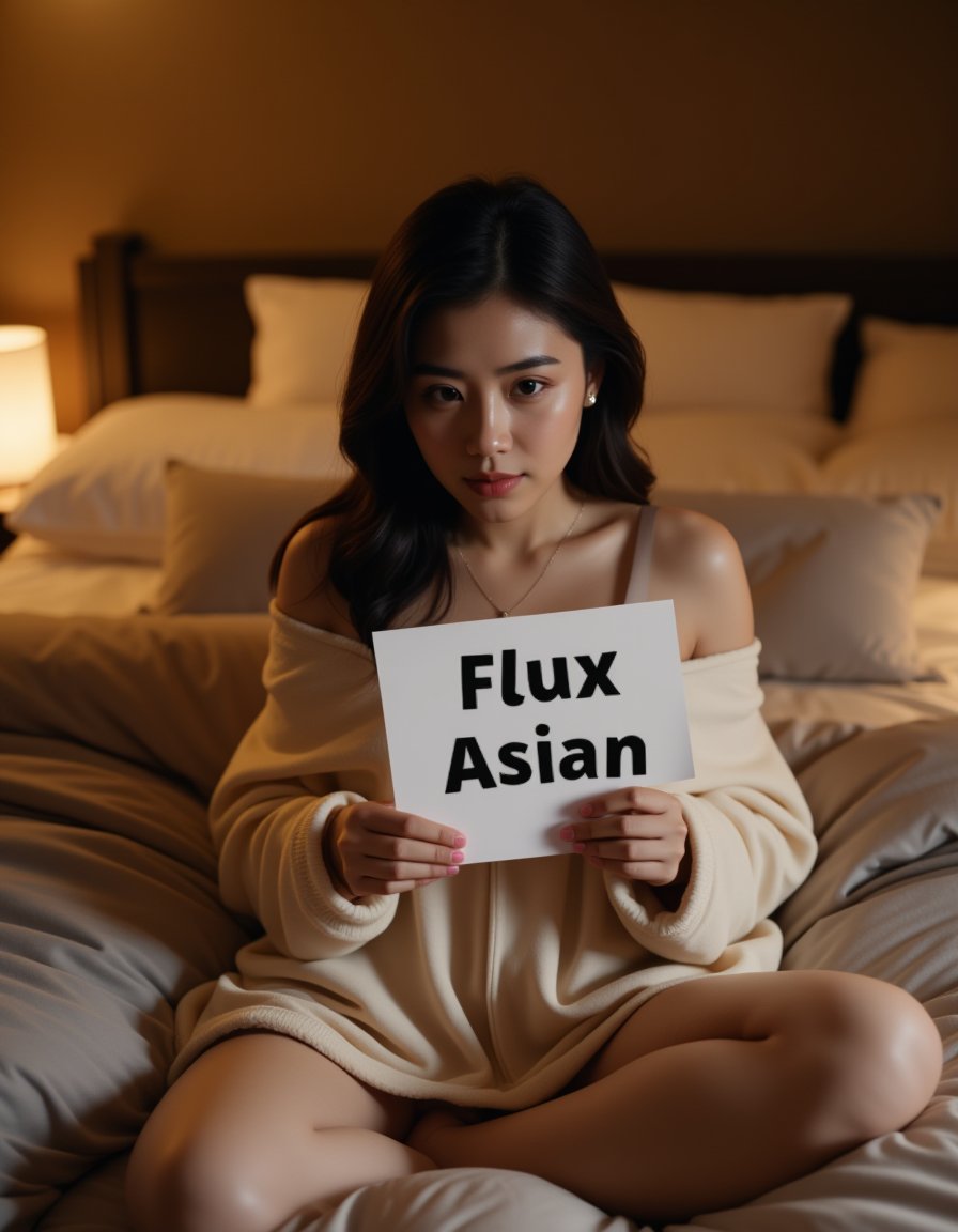 A woman sitting comfortably on a cozy bed, holding a piece of paper with the words "Flux Asian" written on it. The setting is intimate and warm, with soft blankets and plush pillows surrounding her, creating a sense of relaxation and comfort. She gazes thoughtfully at the paper, her expression a mix of contemplation and curiosity. The room is softly lit, with warm, ambient lighting that enhances the serene atmosphere, casting gentle shadows that add depth to the scene. The overall mood is peaceful and introspective, with the focus on the woman and the mysterious message on the paper, inviting the viewer to wonder about its meaning