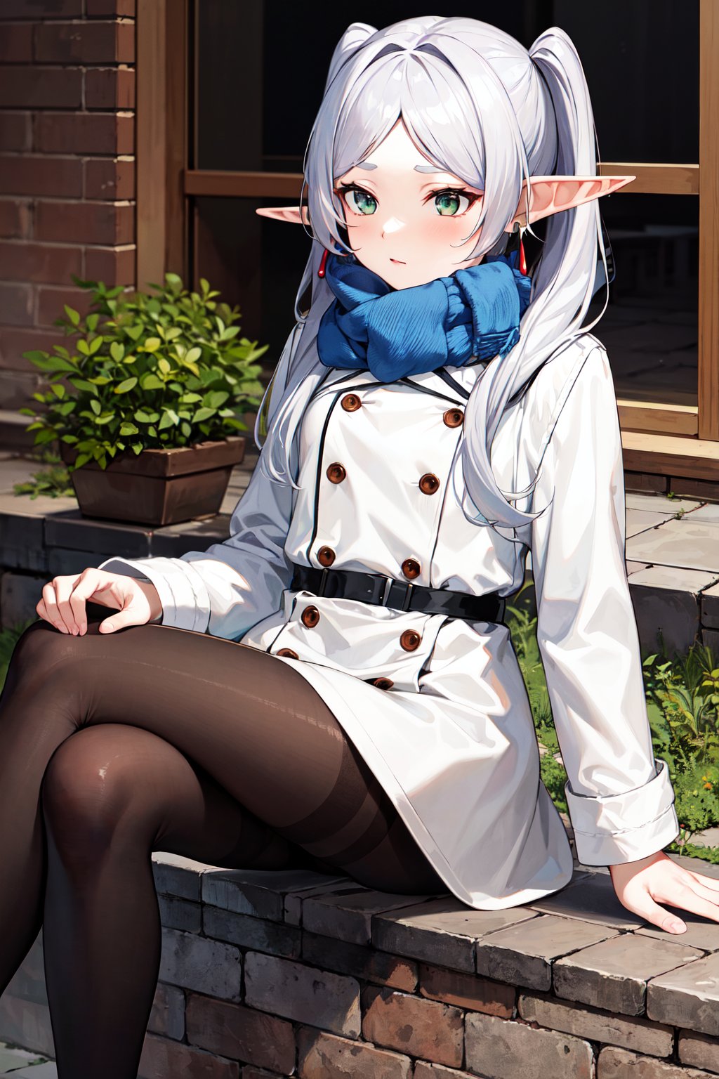 masterpiece, best quality, highres, aafrie, long hair, white hair, twintails, pointy ears, earrings, thick eyebrows, blue scarf, white coat, double-breasted, buttons, black pantyhose, <lora:frieren_v1:0.7>, sitting, crossed legs, 