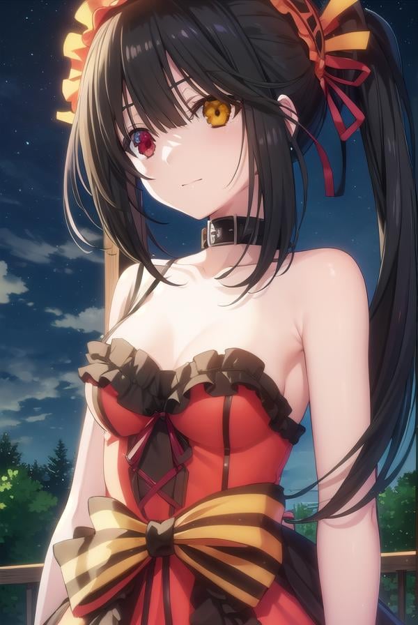 kurumitokisaki, <lora:kurumi tokisaki s2-lora-nochekaiser:1>,kurumi tokisaki astral dress, (tokisaki kurumi:1.2), long hair, black hair, (red eyes:1.3), (twintails:1.5), (yellow eyes:1.3), hairband, (heterochromia:1.5), dress, (red dress:1.5), bare shoulders, collarbone, choker, bowtie, red bowtie, detached sleeves, corset, frills, smile,BREAK ,BREAK outdoors, forest, nature, trees, grass, sky, clouds, night sky, night,BREAK looking at viewer, (cowboy shot:1.5),BREAK <lyco:GoodHands-beta2:1>, (masterpiece:1.2), best quality, high resolution, unity 8k wallpaper, (illustration:0.8), (beautiful detailed eyes:1.6), extremely detailed face, perfect lighting, extremely detailed CG, (perfect hands, perfect anatomy),