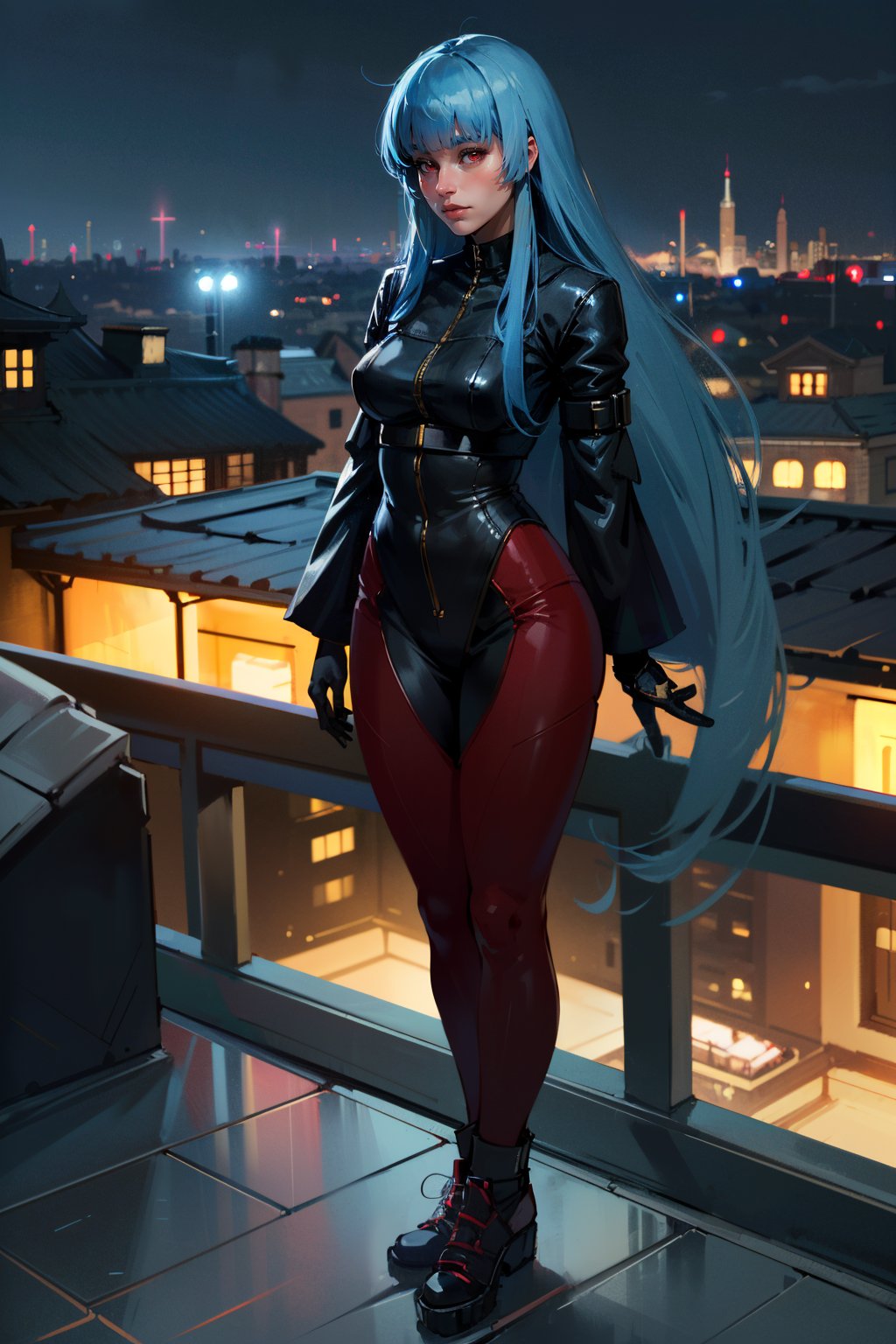 ((ultra detailed, masterpiece, absurdres)) <lora:KOFKulaD:0.9>KOFKulaD, 1girl, long hair, blue hair, red eyes, bangs, overlooking the city from a rooftop bar at night, chic outfit, standing