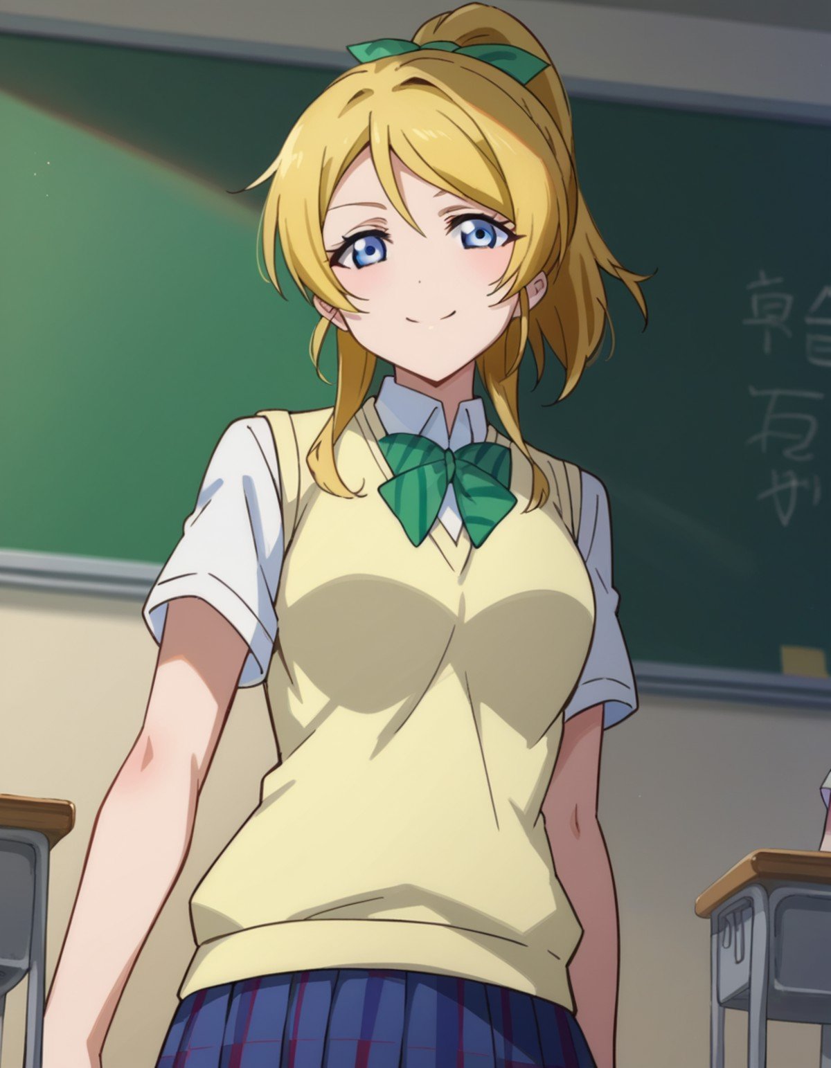 score_9, score_8_up, score_7_up, source_anime,eliayase, <lora:eli-ayase-s1-ponyxl-lora-nochekaiser:1>,eli ayase, yellow hair, blue eyes, ponytail, hair ribbon,otonokizaka school uniform, pleated skirt, school uniform, short sleeves, skirt, summer uniform, sweater vest, yellow sweater vest,indoors, classroom, smile,looking at viewer, cowboy shot, dutch angle,