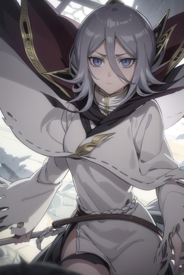 rukiakuchiki, <lora:rukia kuchiki movie3-lora-nochekaiser:1>,dark rukia kuchiki, kuchiki rukia, short hair, grey hair, hair between eyes, (grey eyes:1.5),BREAK cape, robe, white robe, high collar, long sleeves, torn clothes,BREAK outdoors,BREAK looking at viewer,BREAK <lyco:GoodHands-beta2:1>, (masterpiece:1.2), best quality, high resolution, unity 8k wallpaper, (illustration:0.8), (beautiful detailed eyes:1.6), extremely detailed face, perfect lighting, extremely detailed CG, (perfect hands, perfect anatomy),