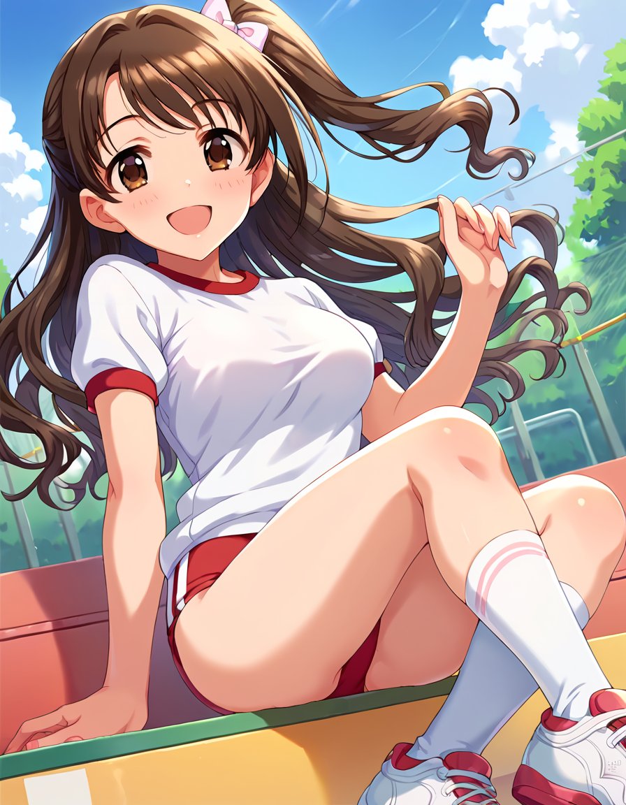 score_9, score_8_up, score_7_up, source_anime,rating_sensitive, sexually suggestive,1girl, solo, smile, joyful, outdoors, sunbeam, <lora:ShimamuraUzuki_pony_v1:0.9> smmruzk, long hair, brown hair, wavy hair,  one side up,  hair bow, brown eyes, medium breasts, gym uniform, white gym shirt, untucked shirt,  red buruma, socks, sneakers, thighs, detailed eyes, eye reflection, 