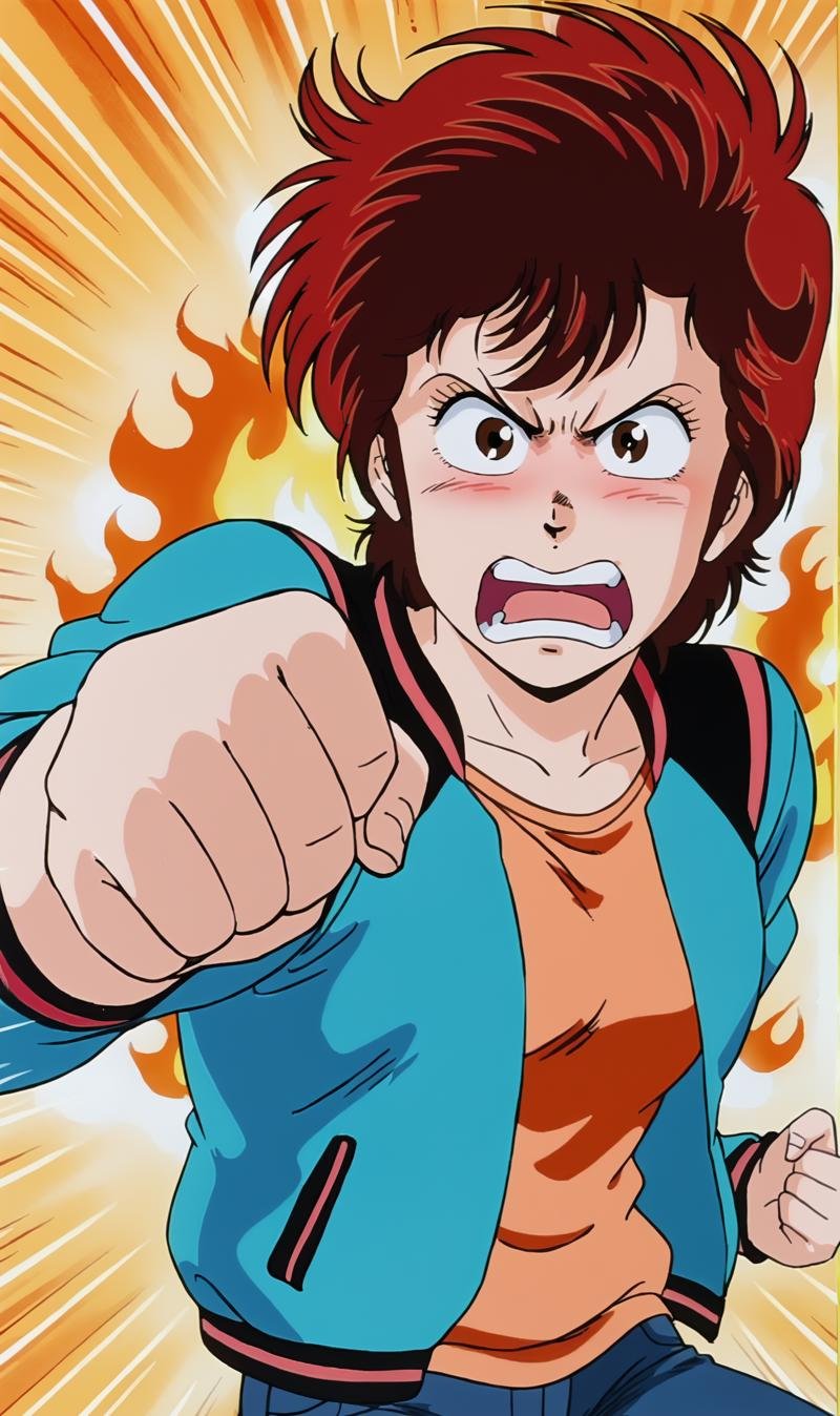 KM, 1girl, solo, retro artstyle, red hair, brown eyes, aqua high school jacket, orange shirt, jeans, looking at viewer, angry, yelling, flame background, single fist punching viewer, (emphasis lines), blush <lora:Kaori Makimura Pony XL:0.8>