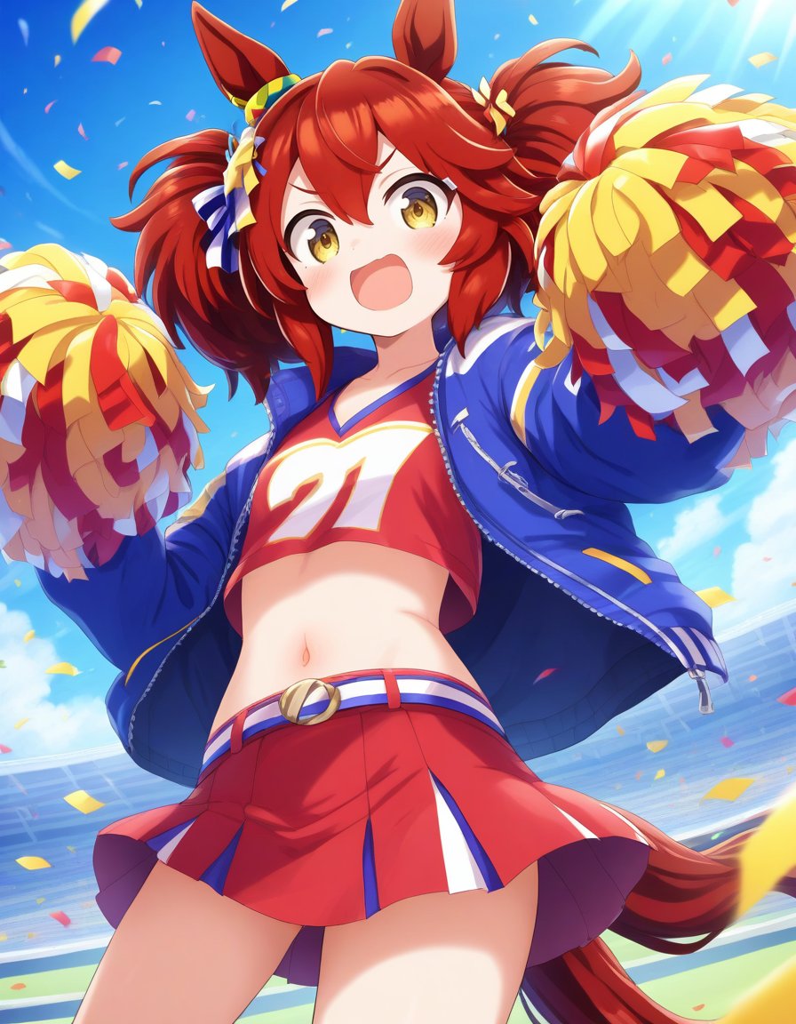 1girl, animal ears, belt, blue jacket, confetti, ear ornament, holding, holding pom poms, horse ears, horse girl, jacket, looking at viewer, midriff, navel, official alternate costume, open mouth, outdoors, pom pom (cheerleading), red hair, solo, yellow eyes 