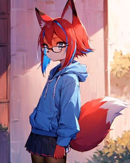 score_9, score_8_up, 1girl, solo, mobian red fur, fox tail, fox ears, red hair, blue highlights, grey eyes, expressionless, half-rim glasses, pleated skirt, blue hoodie, animal hoodie, pantyhose, by Akami Mirai, outdoors,  rating_questionable, <lora:Akami_Mirai_Pony:0.6>