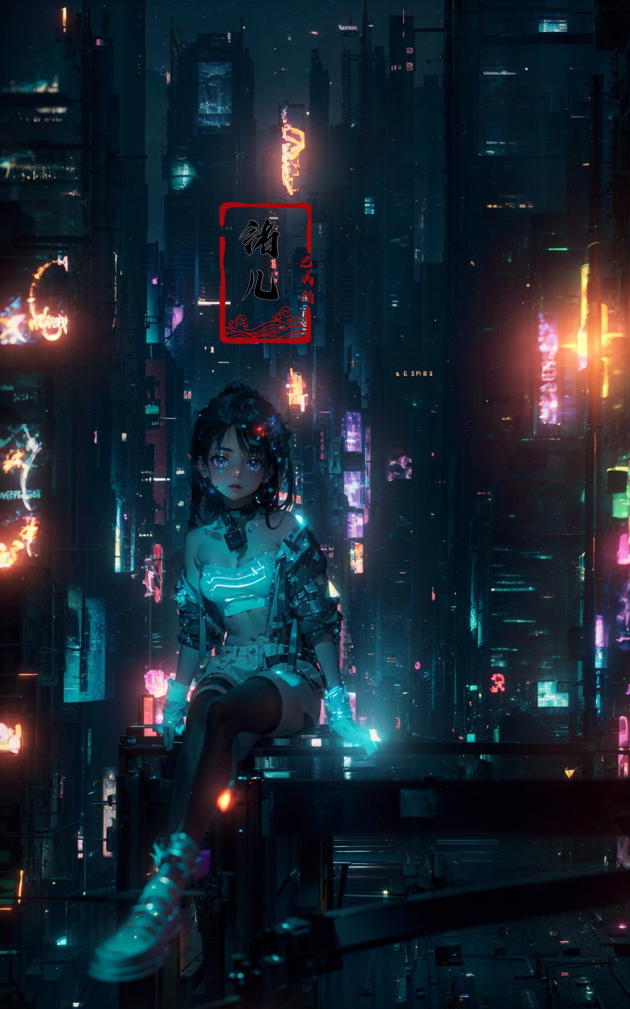 blurry, blurry_background, blurry_foreground, depth_of_field, motion_blur,1girl, cyberpunk, solo, science fiction, city, neon lights, sitting, night, building, strapless, breasts, hologram, skyscraper, boots, long hair, cityscape, thighhighs, sky, black hair, scenery, white footwear，(upper body:1.2)，(glow, light pollution:1.3)，(solo focus:1.7)，  <lora:绪儿-赛博城市场景 science cyber:0.8>
