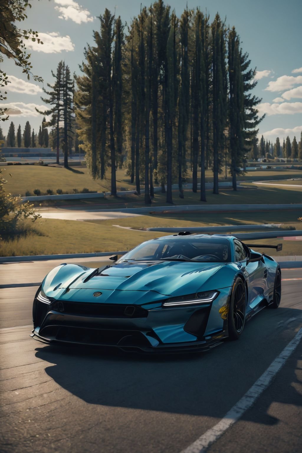 ultra realistic 8k cg,picture-perfect face,flawless,clean,masterpiece,professional artwork,famous artwork,cinematic lighting,cinematic bloom,sports car,outdoors,sky,cloud,tree,no humans,shadow,ground vehicle,scenery,motor vehicle,car,road,vehicle focus,sports car,