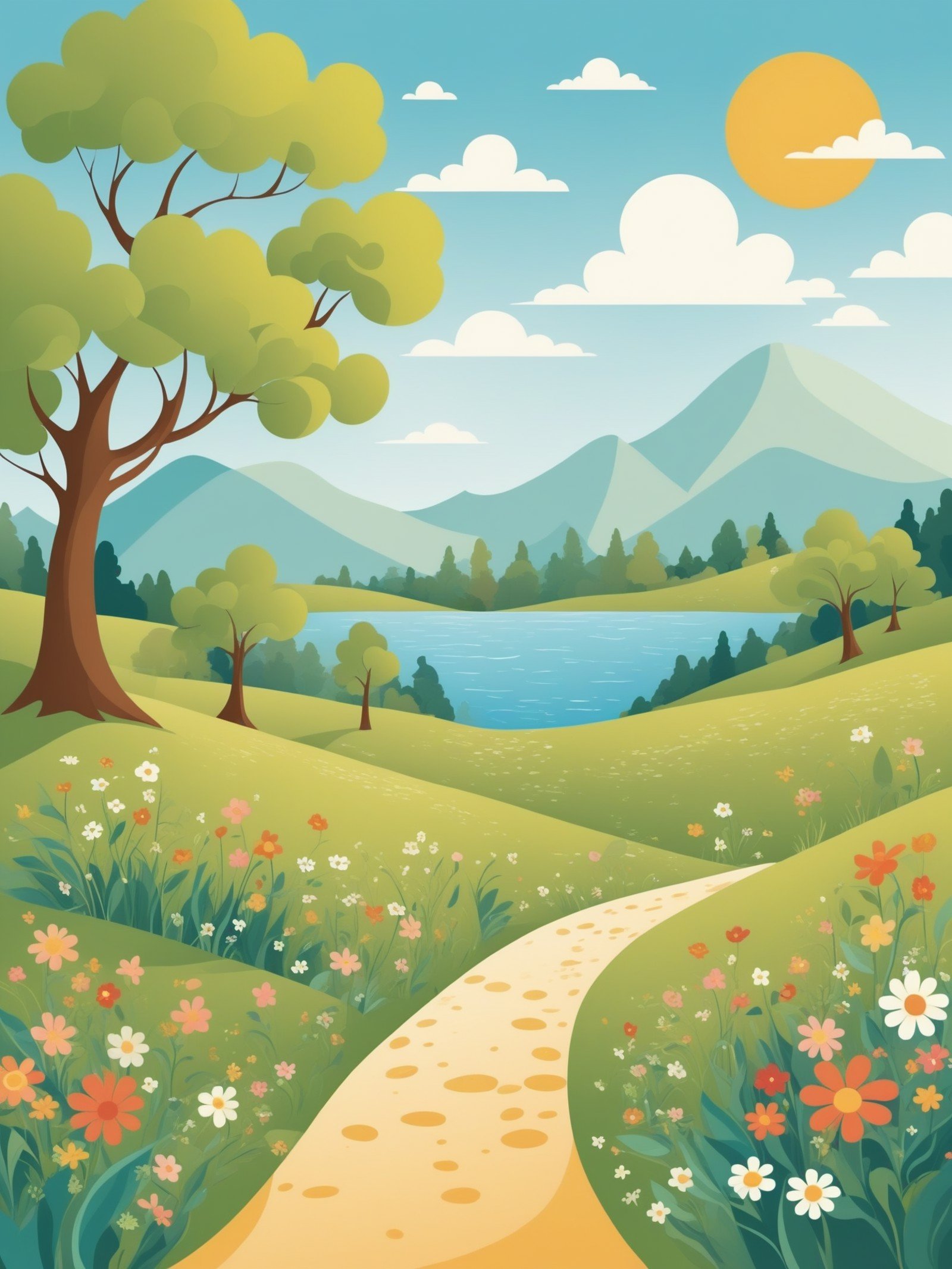 This is a whimsical scene, a summer landscape illustration, in the style of Adobe Illustrator, great work.