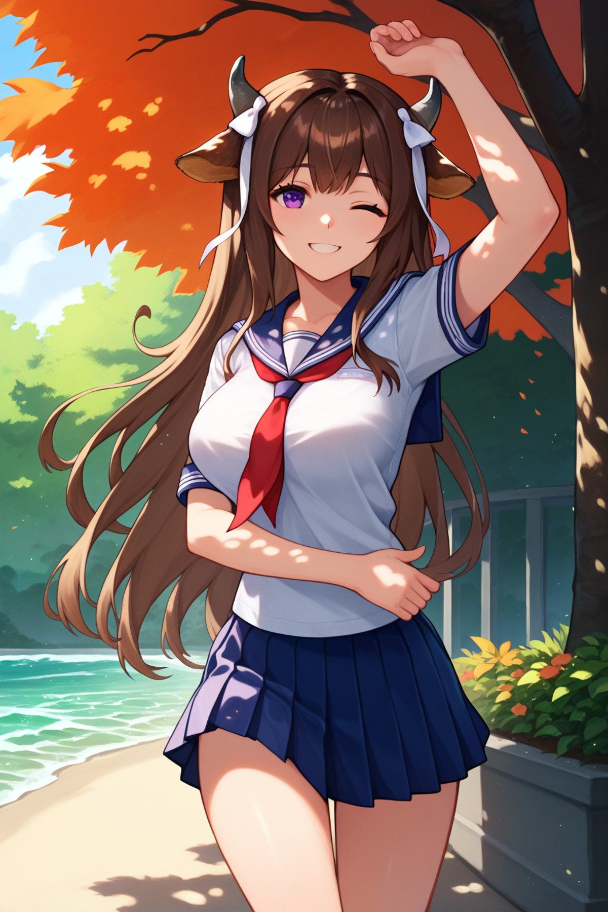 score_9_up,score_8_up,score_7_up,score_6_up,source_anime, KAL, brown hair, purple eyes, cow ears, cow horns, cow girl, large breasts, school uniform, serafuku, smile, one eye closed, wave, dappled sunlight, tree, outdoors, courtyard, one arm up,  <lora:KashinoAzurLaneLora-XL-V1:1>