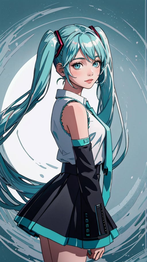 (best quality, masterpiece, highres:1.2), (Hatsune Miku), very long turquoise pigtails and a school uniform-like outfit. She has teal eyes and very long pigtails held with black and red square-shaped ribbons that have become a signature of her design, (ultra-detailed body), moonlight passing through hair, (silver lake background:1.3), (intricate details)