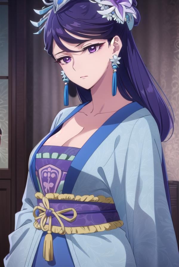 lihua, <lora:lihua s1-lora-nochekaiser:1>,lihua, long hair, (purple eyes:1.1), purple hair, flower, earrings, hair flower, makeup, lipstick,BREAK cleavage, jewelry, chinese clothes, hanfu,BREAK indoors,BREAK looking at viewer, (cowboy shot:1.5),BREAK <lyco:GoodHands-beta2:1>, (masterpiece:1.2), best quality, high resolution, unity 8k wallpaper, (illustration:0.8), (beautiful detailed eyes:1.6), extremely detailed face, perfect lighting, extremely detailed CG, (perfect hands, perfect anatomy),