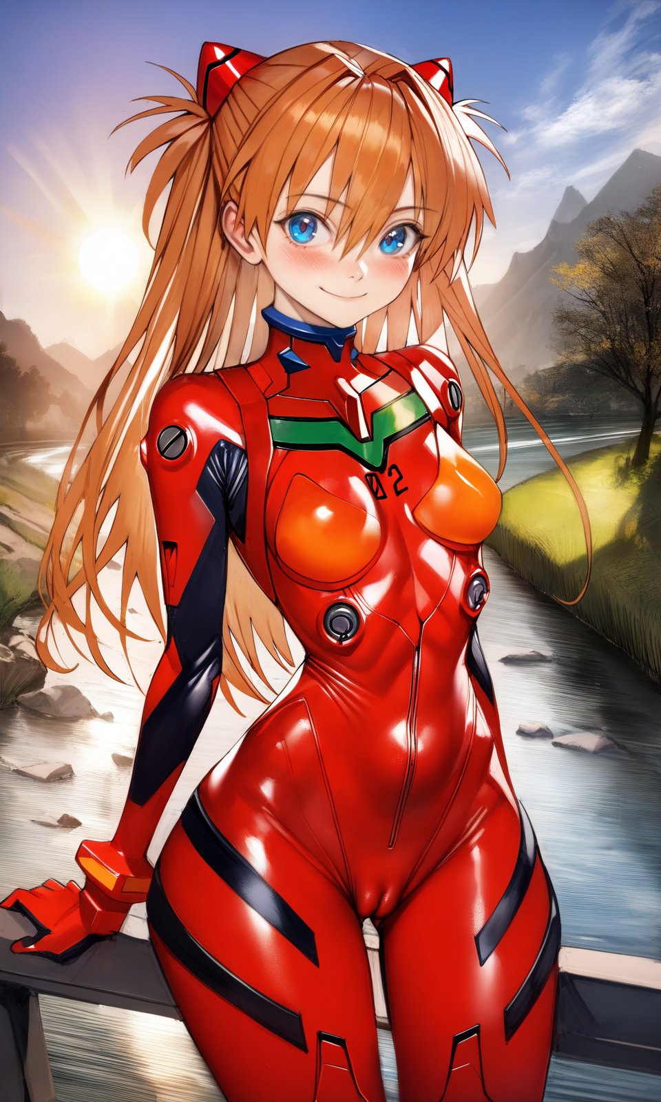 souryuu asuka langley, solo, smile, long hair, blush, blue eyes, medium breasts, (wide hips:1.2), (cameltoe:1.1), plugsuit, red bodysuit, looking at viewer, light smile, standing, happy, arms at sides, outdoors, sun, river, masterpiece, best quality, very aesthetic, by nyatabe, <lora:Nyatabe_XL:1>