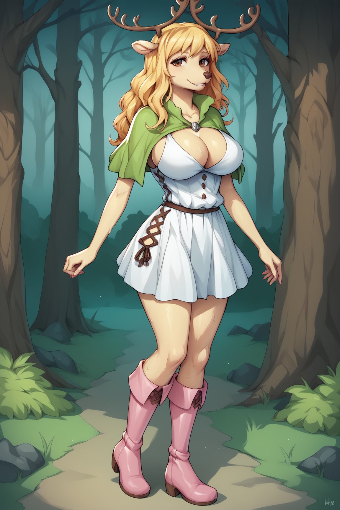 score_9, score_8_up, score_7_up, score_6_up, score_5_up, score_4_up, BREAK, MilkyOPXL, anthro furry, furry female, blonde fur, snout, brown eyes, blonde hair, long hair, bangs, deer ears, antlers, large breasts, green capelet, cleavage, white dress, pink boots, solo, full body, standing, seductive smile, looking at viewer, forest, tree <lora:MilkyOPXL:0.8>